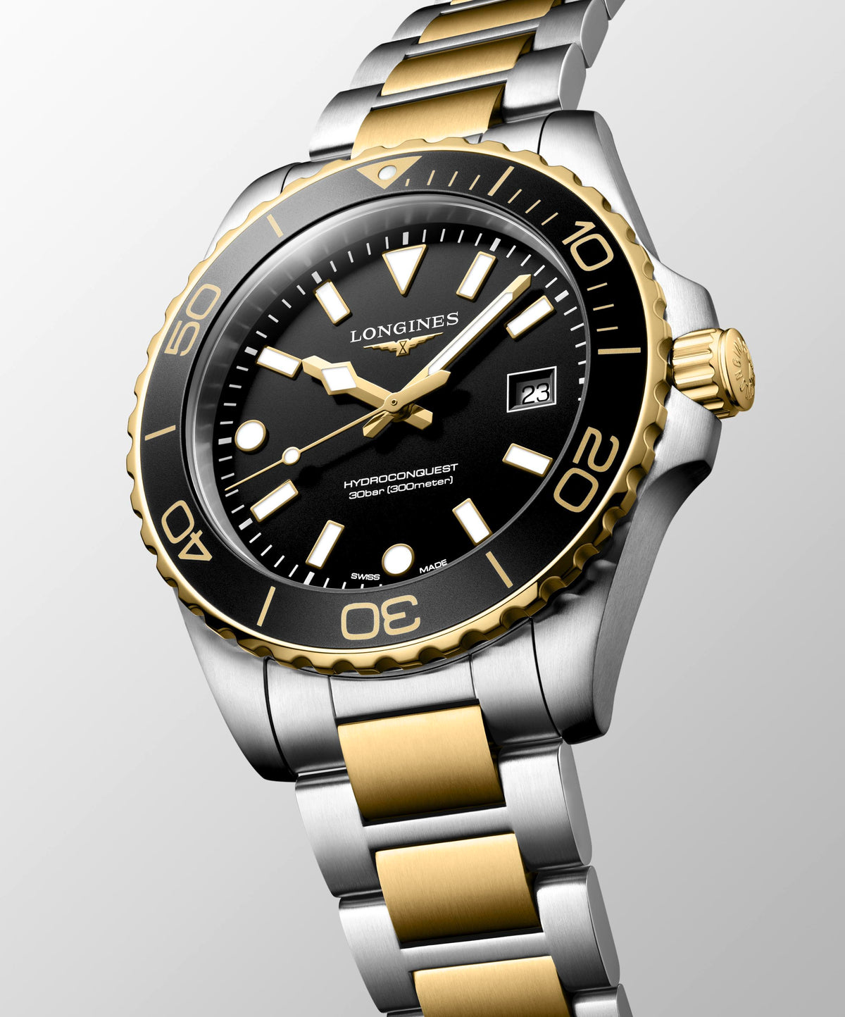 Gents Longines Hydroconquest 300m Quartz 42mm Steel and Yellow Gold PVD Bracelet Black Dial L3.769.3.56.7