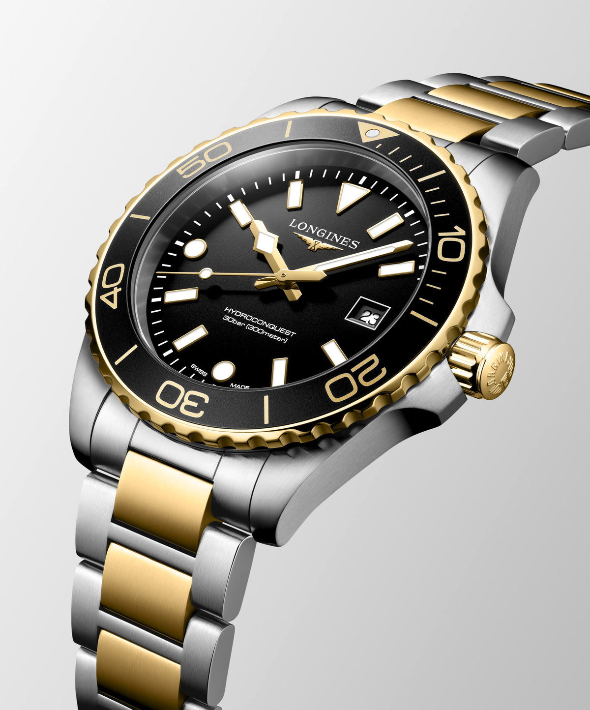 Gents Longines Hydroconquest 300m Quartz 42mm Steel and Yellow Gold PVD Bracelet Black Dial L3.769.3.56.7