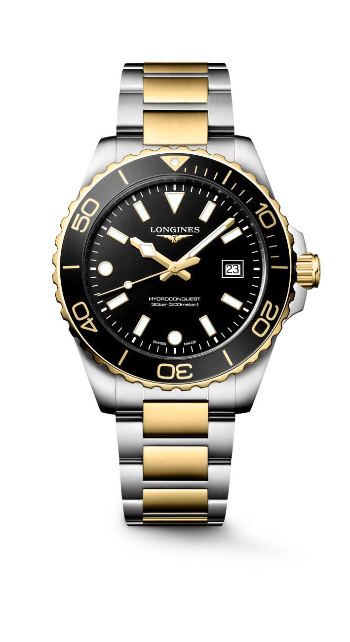 Gents Longines Hydroconquest 300m Quartz 42mm Steel and Yellow Gold PVD Bracelet Black Dial L3.769.3.56.7