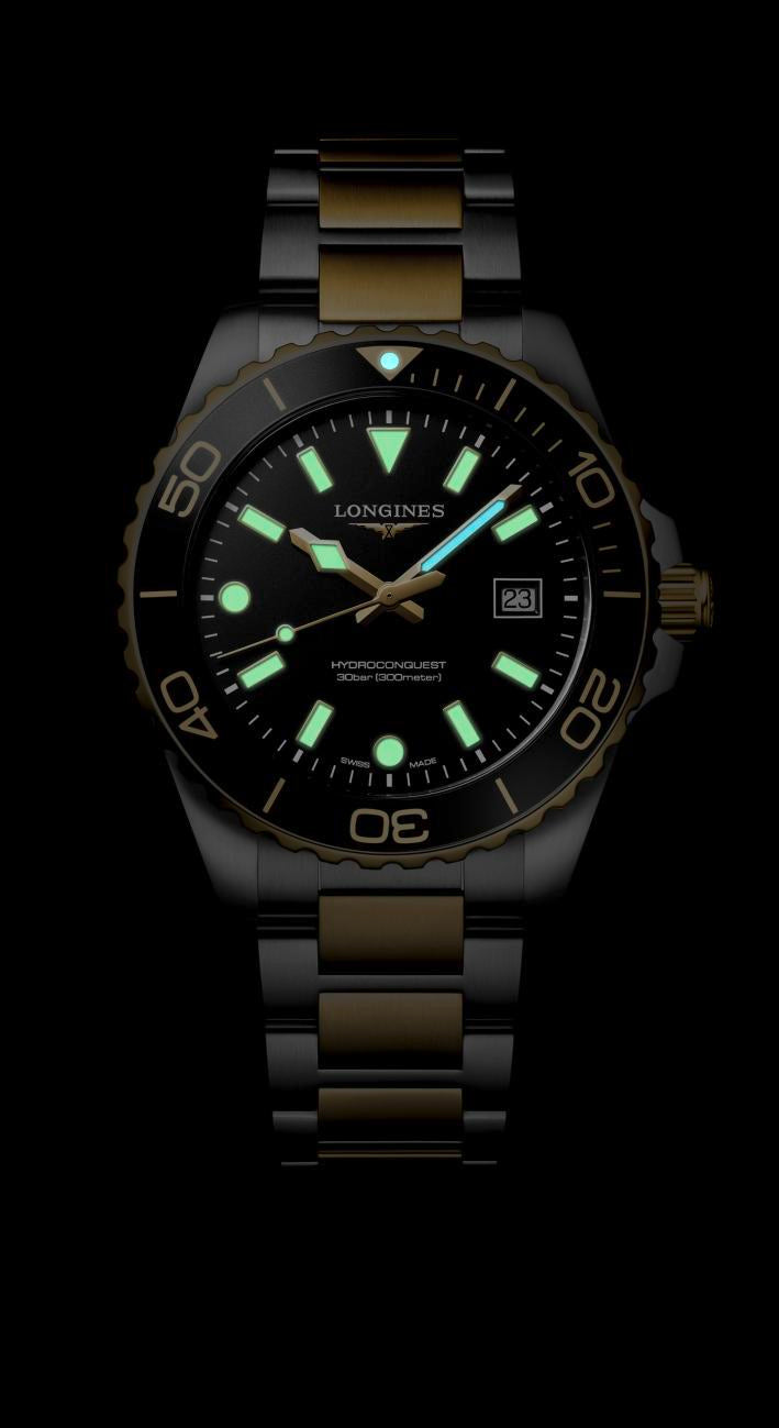 Gents Longines Hydroconquest 300m Quartz 42mm Steel and Yellow Gold PVD Bracelet Black Dial L3.769.3.56.7