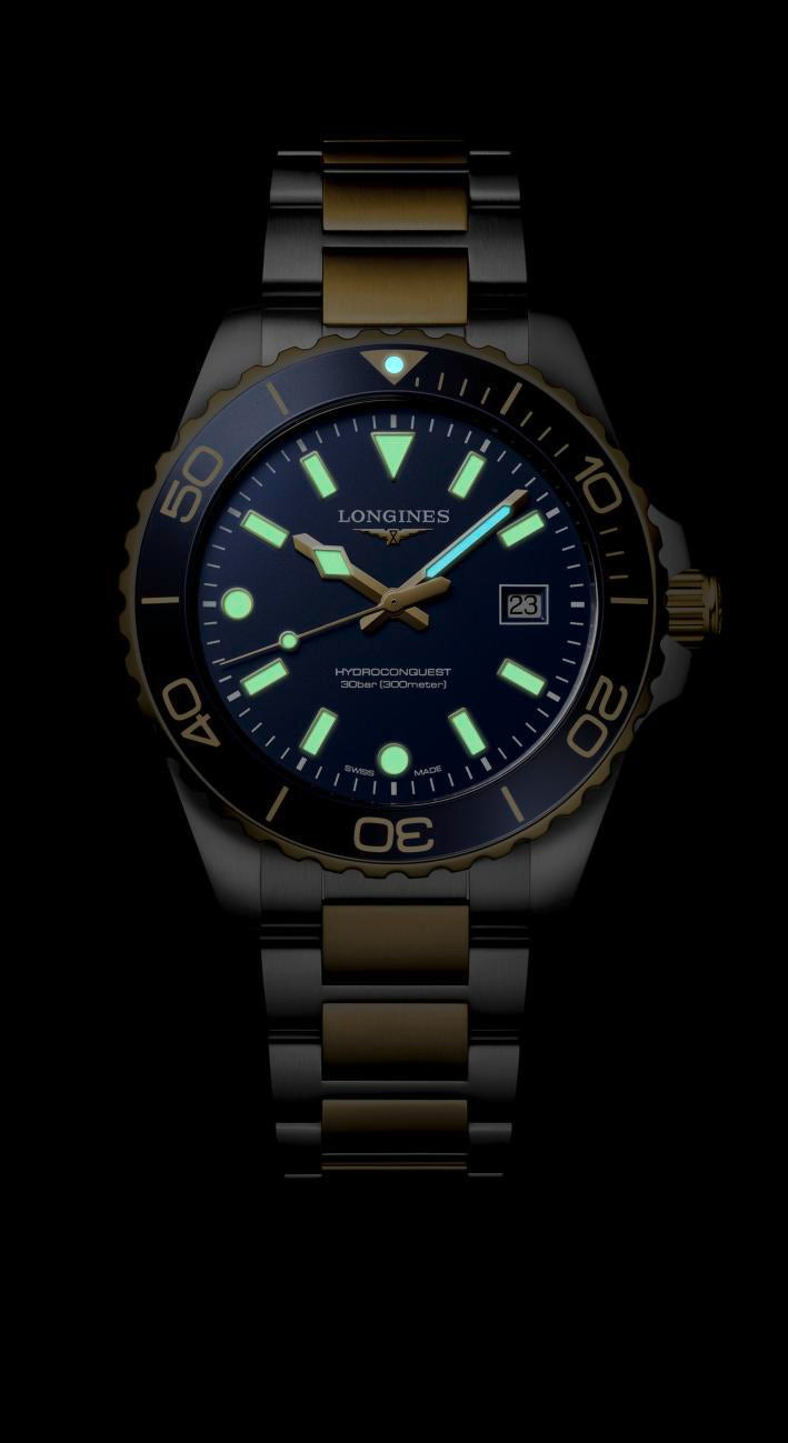 Gents Longines Hydroconquest 300m Quartz 42mm Steel and Yellow Gold PVD Bracelet Blue Dial L3.769.3.96.7