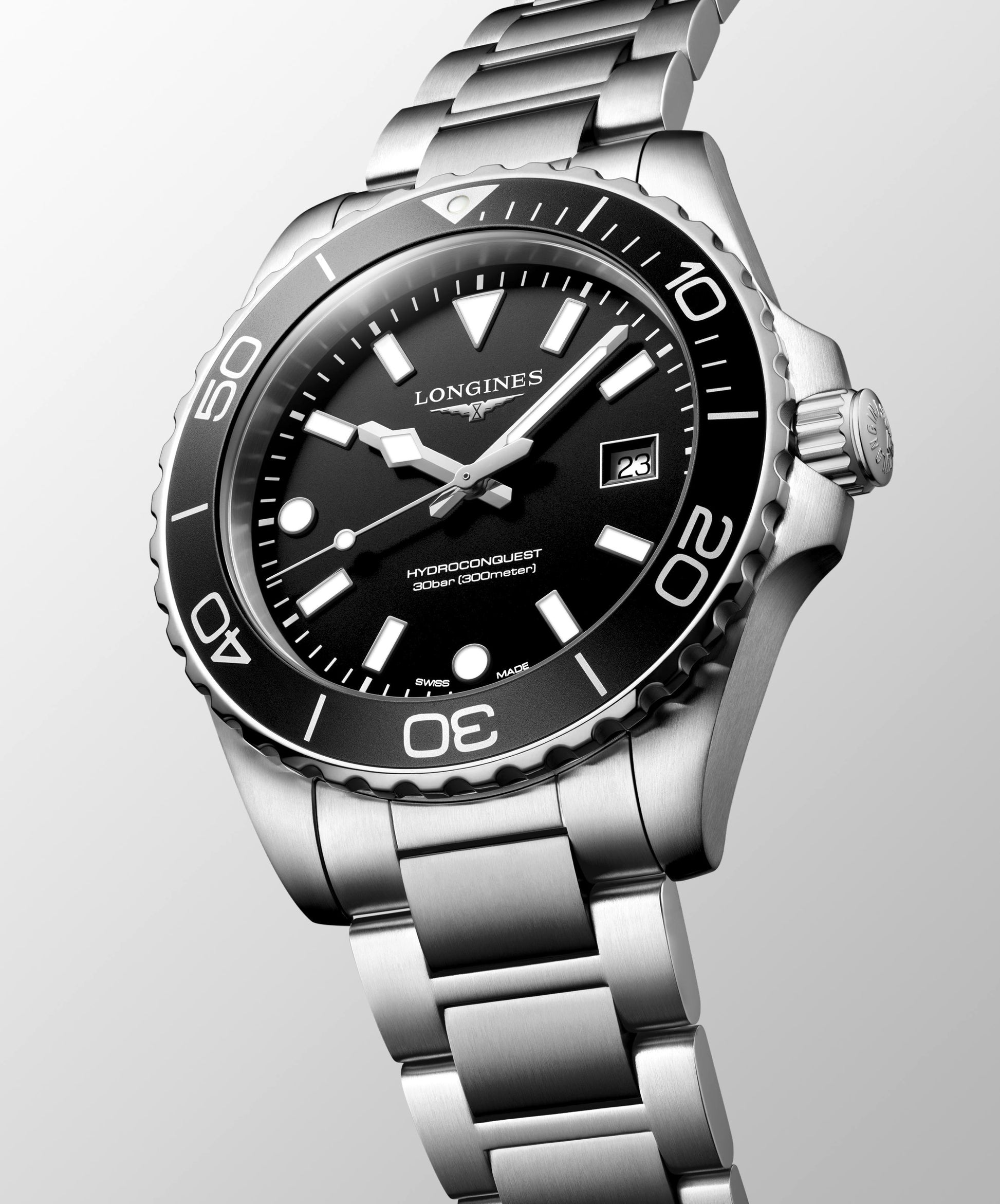Gents Longines Hydroconquest 300m Quartz 42mm Steel Bracelet Black Dial L3.769.4.56.6