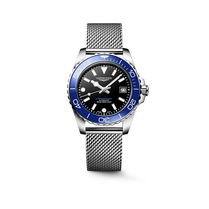 Gents Longines Hydroconquest Automatic 39mm Steel Bracelet Black Dial with Date Blue Bezel L3.779.4.90.6