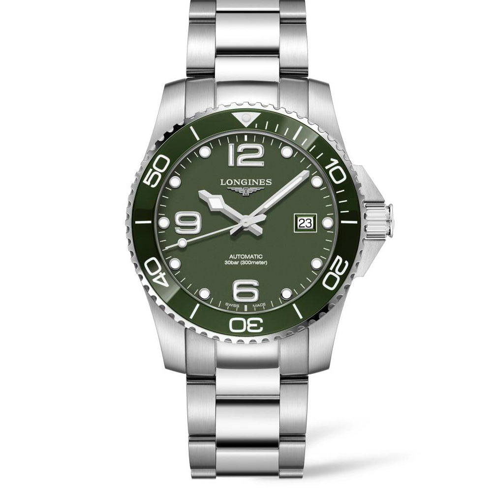 Gents Longines Hydro Conquest Automatic 41mm Steel Bracelet Green Bezel and Dial Date 300m