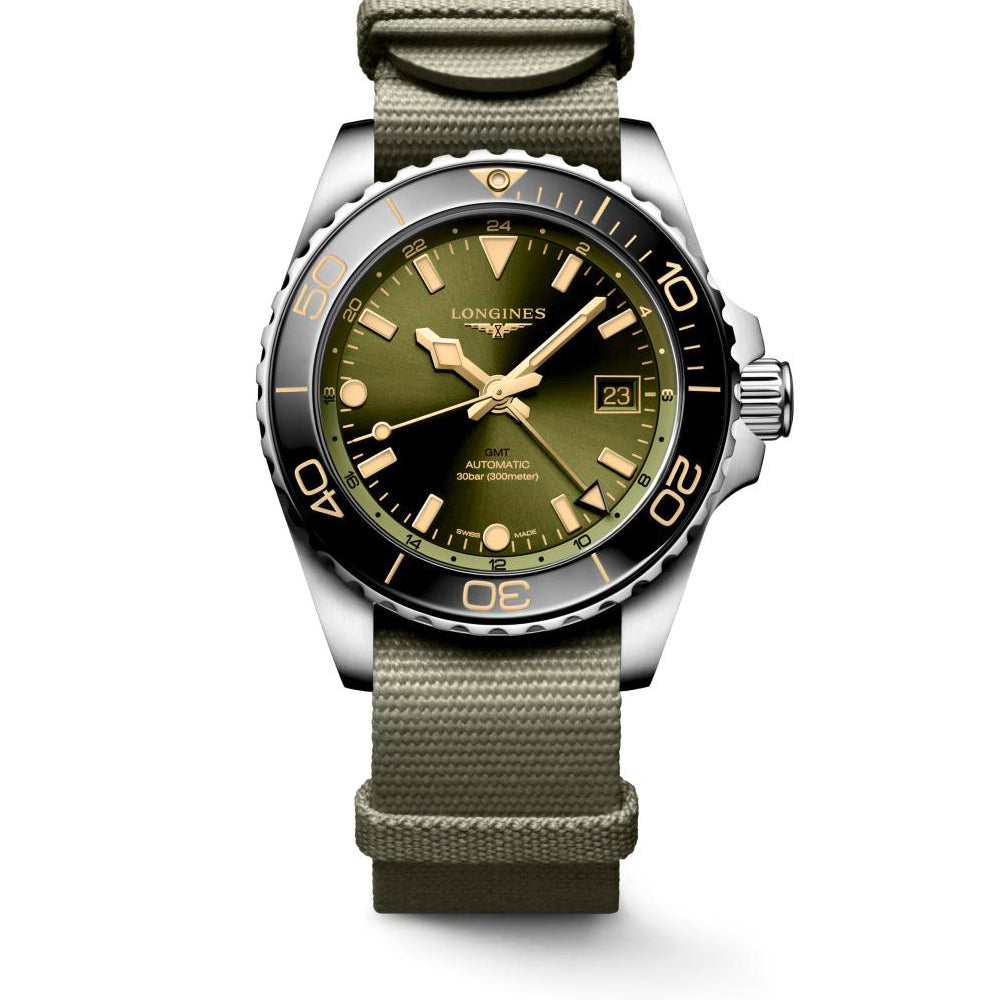 Gents Longines Hydro Conquest GMT Automatic 41mm Green Dial & Green Synthetic Strap