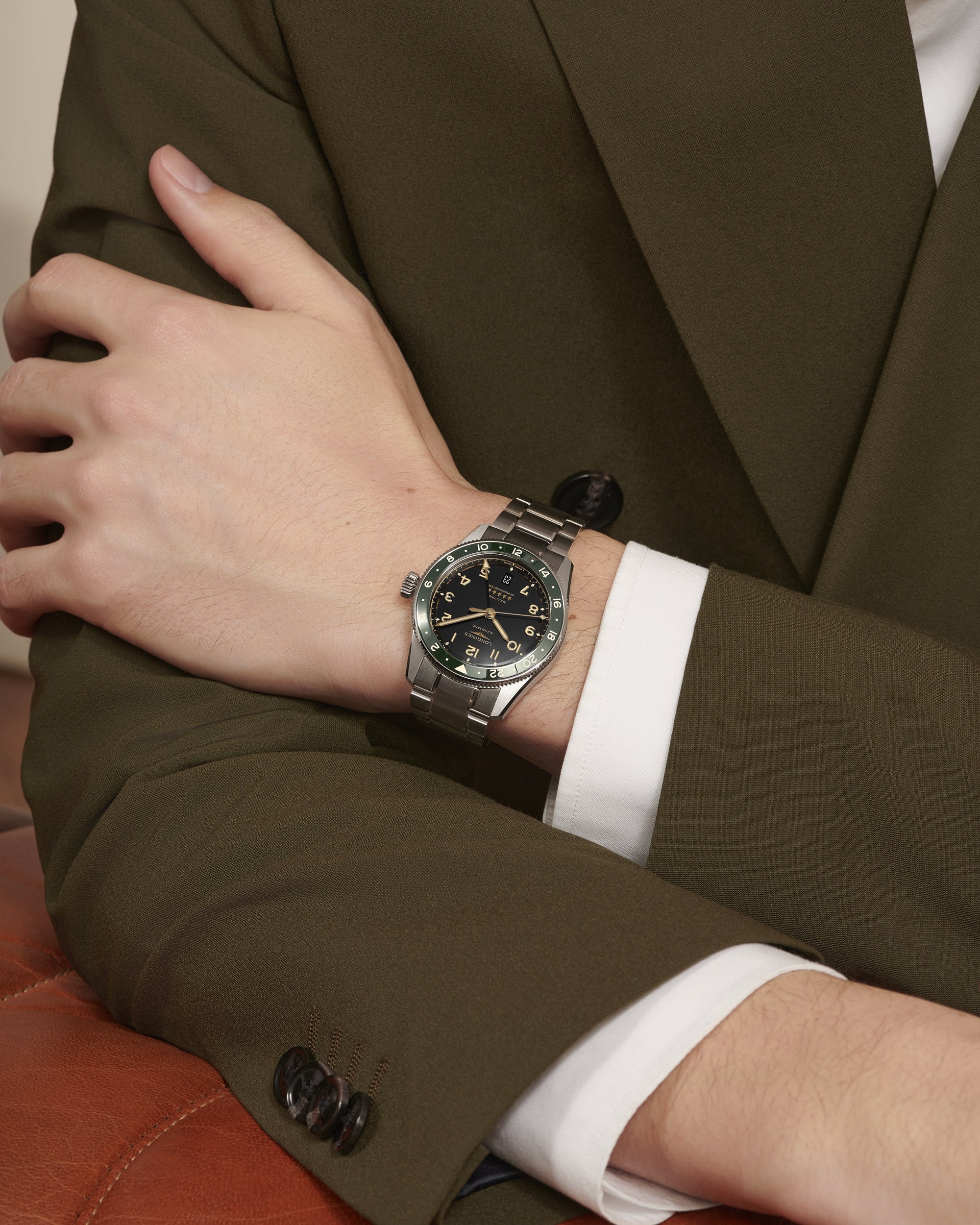 Gents Longines Spirit Zulu Time Automatic 39mm Steel Bracelet Anthracite Dial Green Bezel