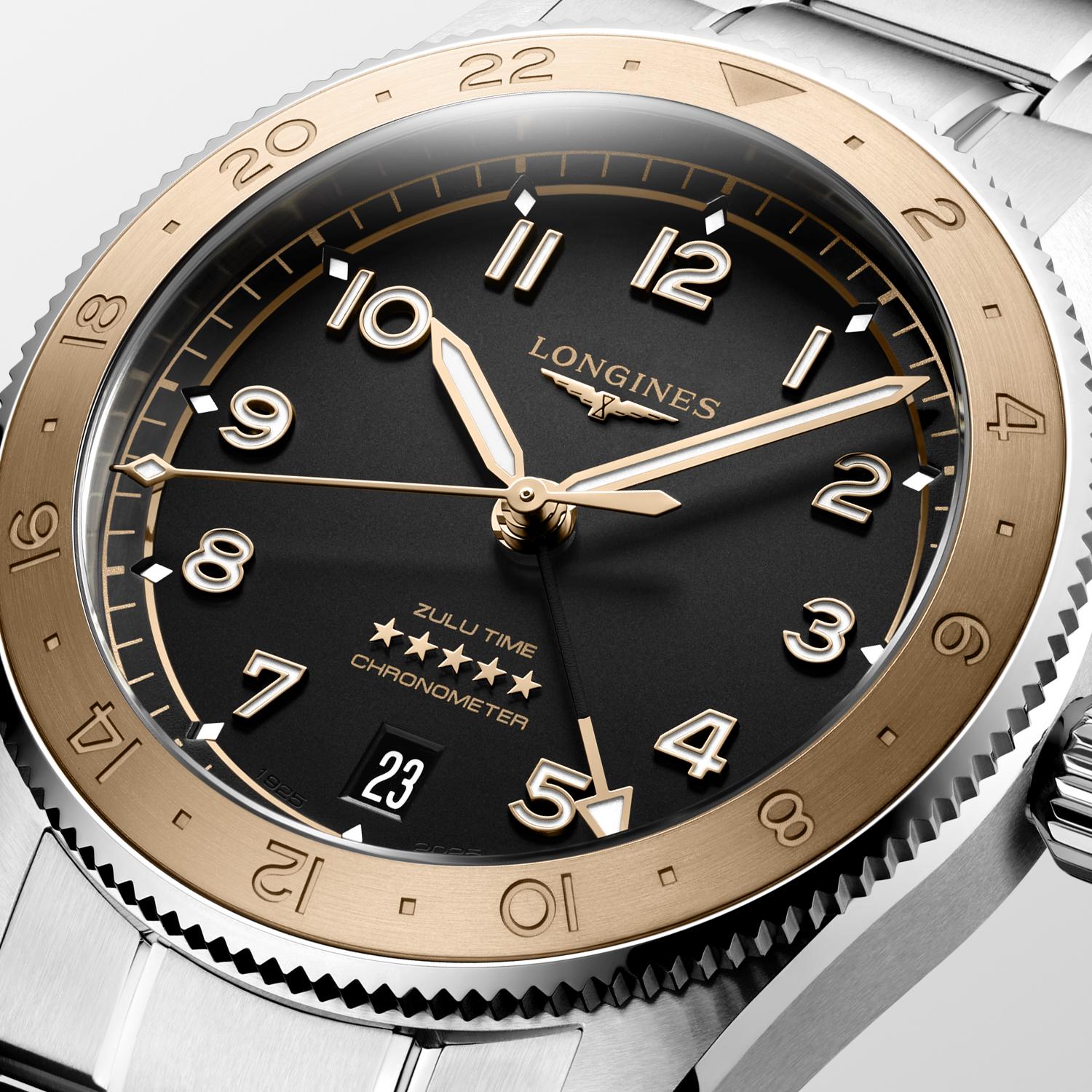 Gents Longines Spirit Zulu Time 1925 Auto 39mm GMT Date Steel Rose GoldBlack Dial