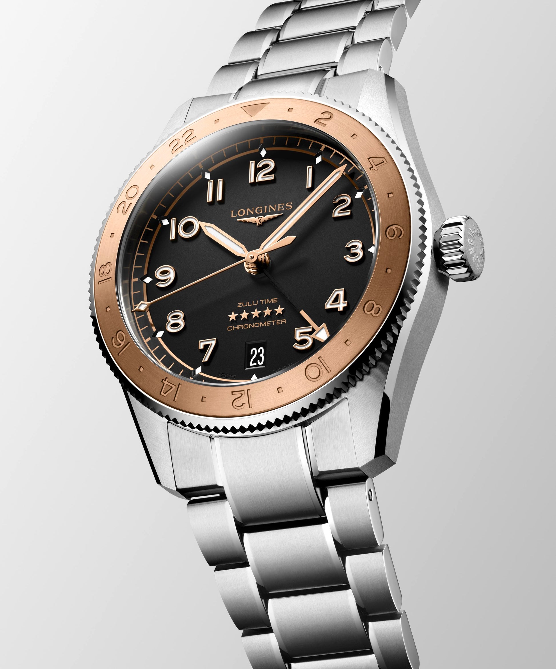 Gents Longines Spirit Zulu Time 1925 Auto 39mm GMT Date Steel Rose GoldBlack Dial