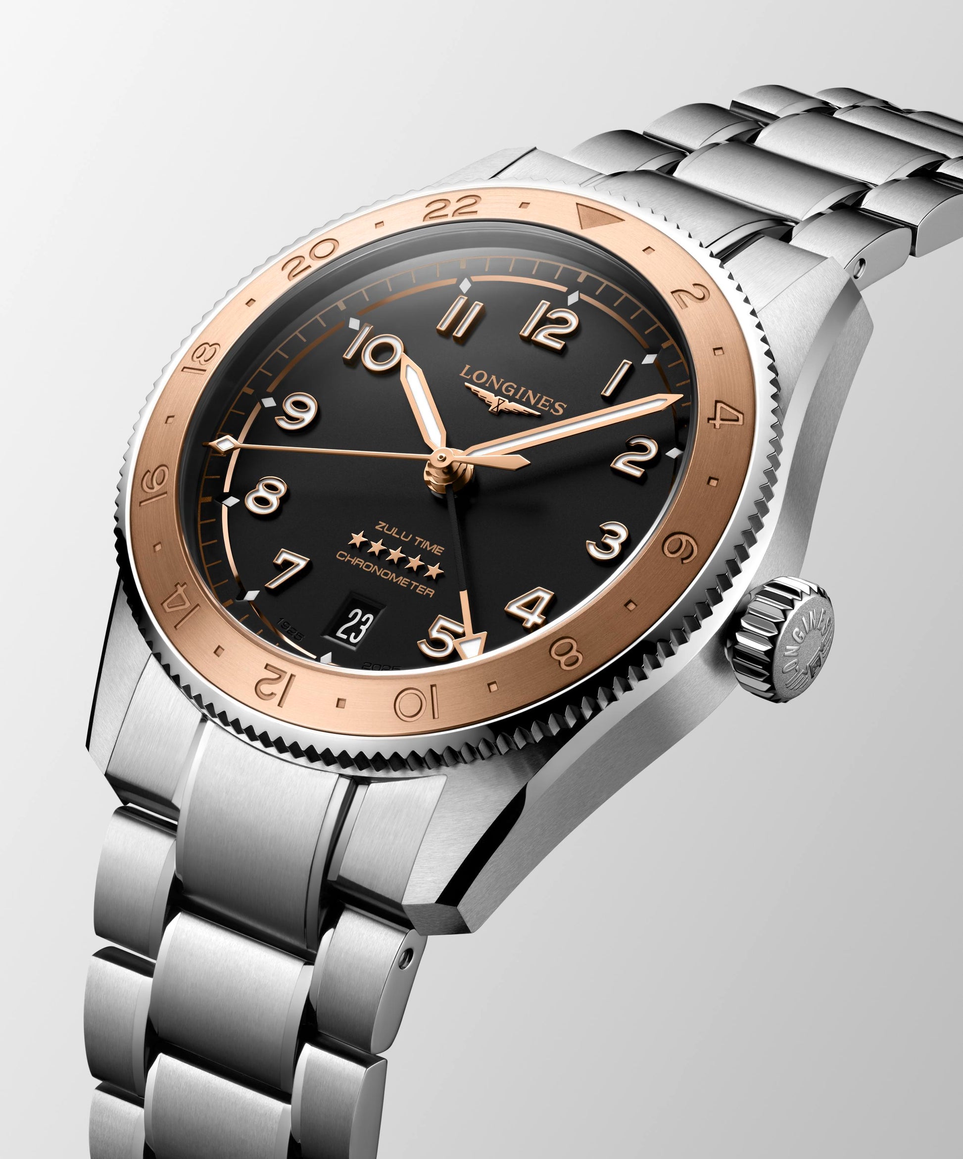Gents Longines Spirit Zulu Time 1925 Auto 39mm GMT Date Steel Rose GoldBlack Dial