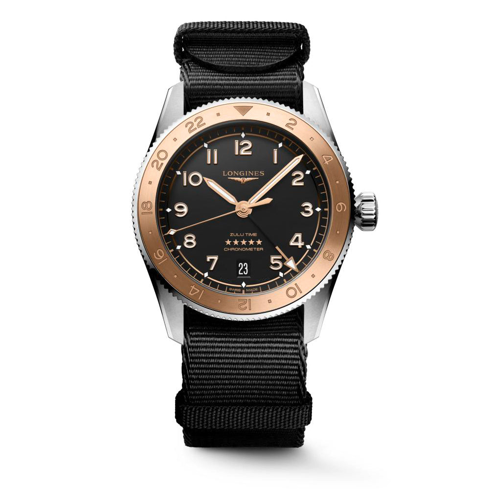 Gents Longines Spirit Zulu Time 1925 Auto 39mm GMT Date Steel Rose GoldBlack Dial