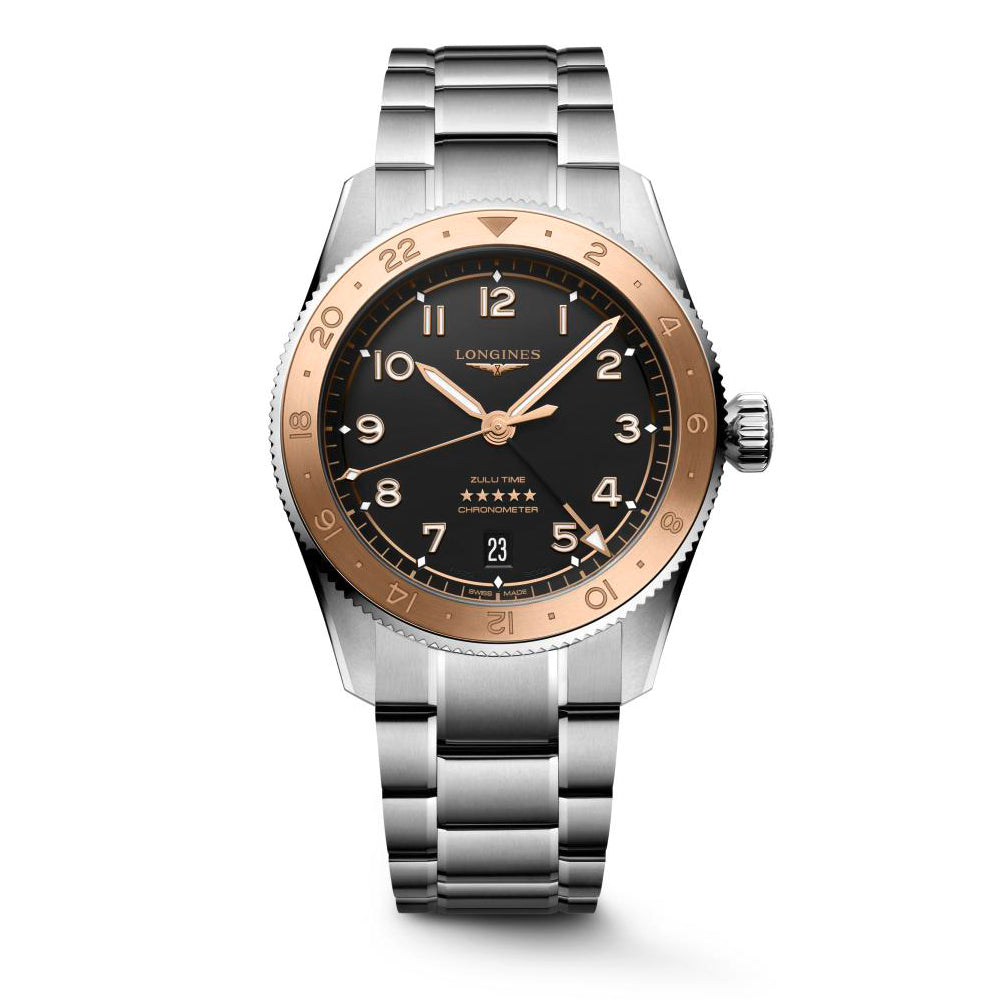 Gents Longines Spirit Zulu Time 1925 Auto 39mm GMT Date Steel Rose GoldBlack Dial