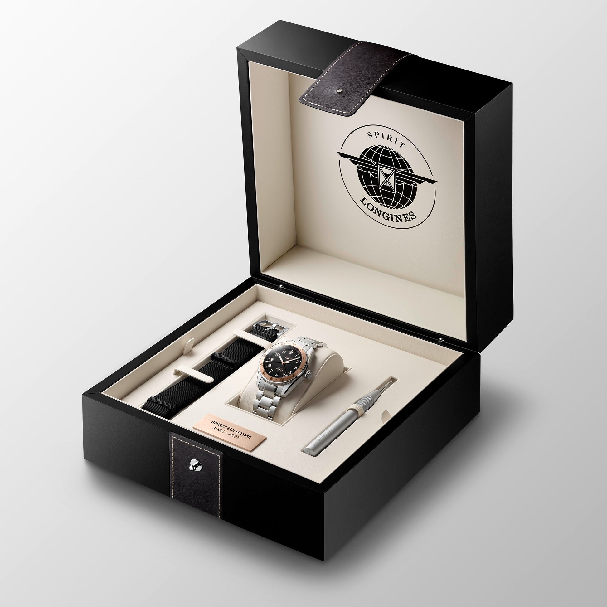 Gents Longines Spirit Zulu Time 1925 Auto 39mm GMT Date Steel Rose GoldBlack Dial