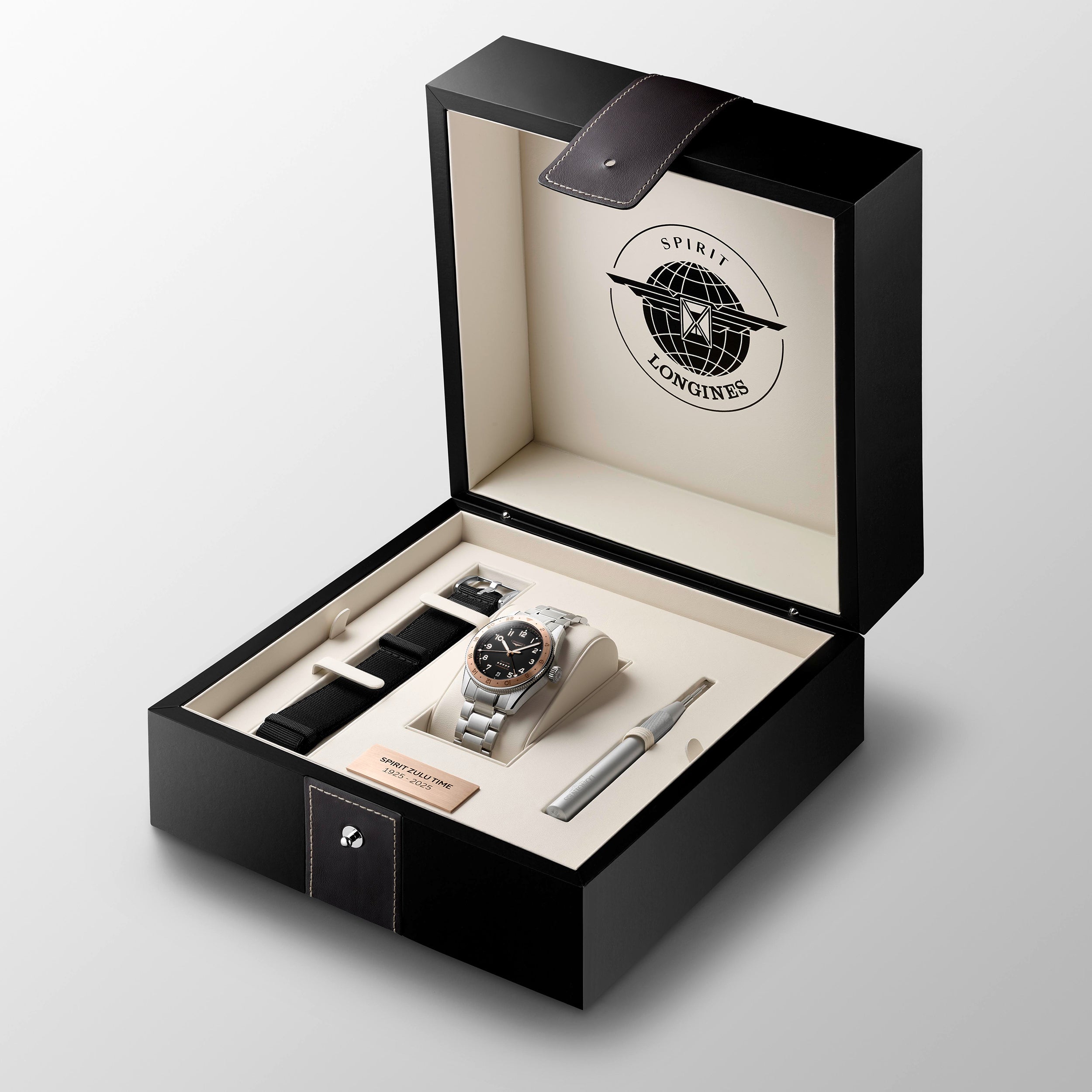Gents Longines Spirit Zulu Time 1925 Auto 39mm GMT Date Steel Rose GoldBlack Dial