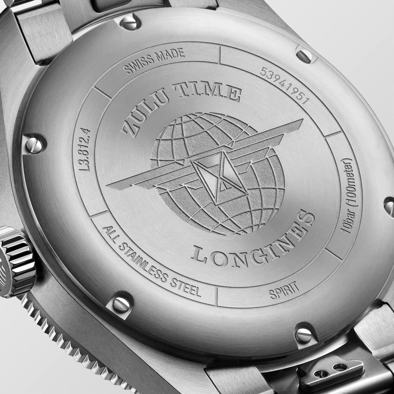 Gents Longines Spirit Zulu Time 42 Auto Steel Black Dial Blue Bezel