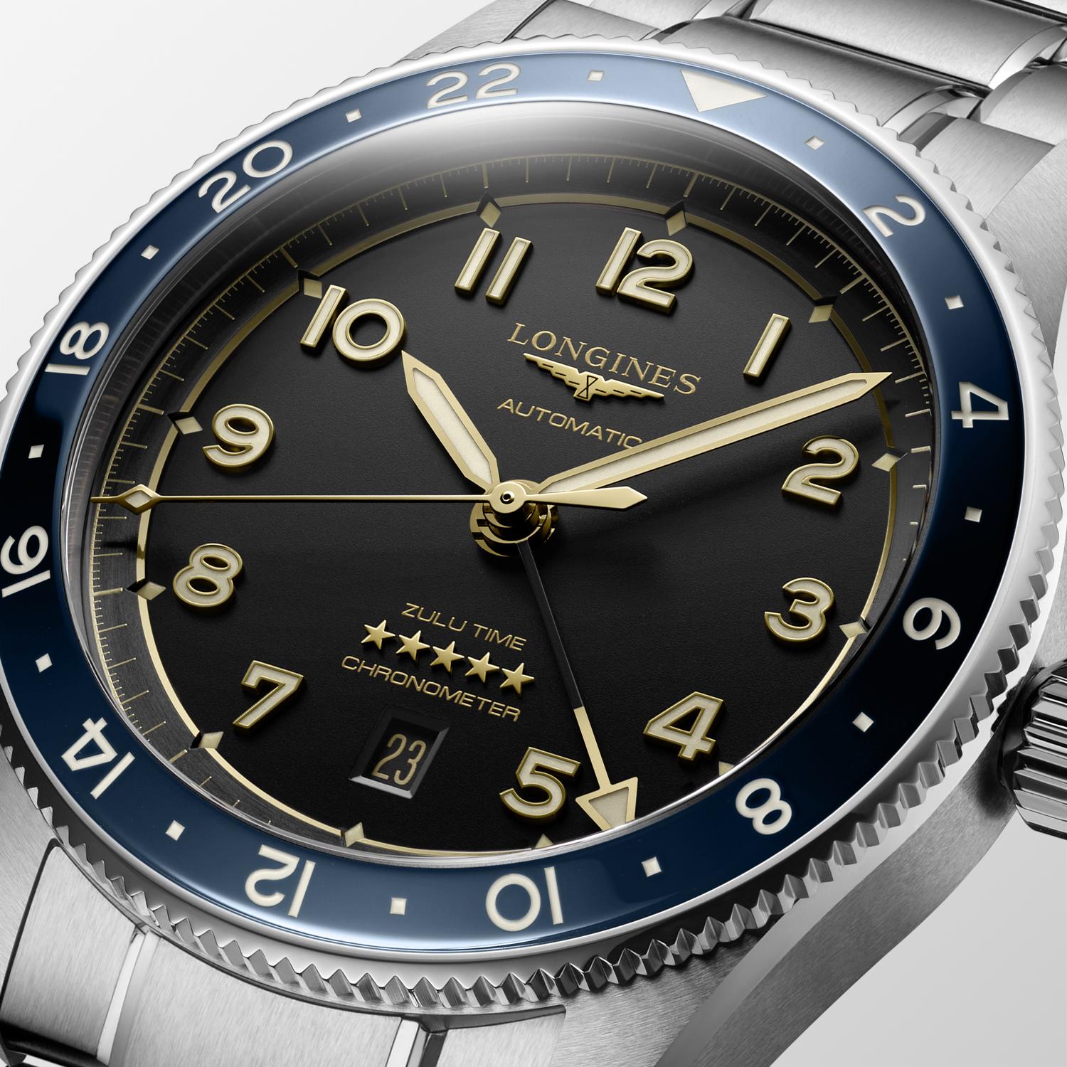 Gents Longines Spirit Zulu Time 42 Auto Steel Black Dial Blue Bezel