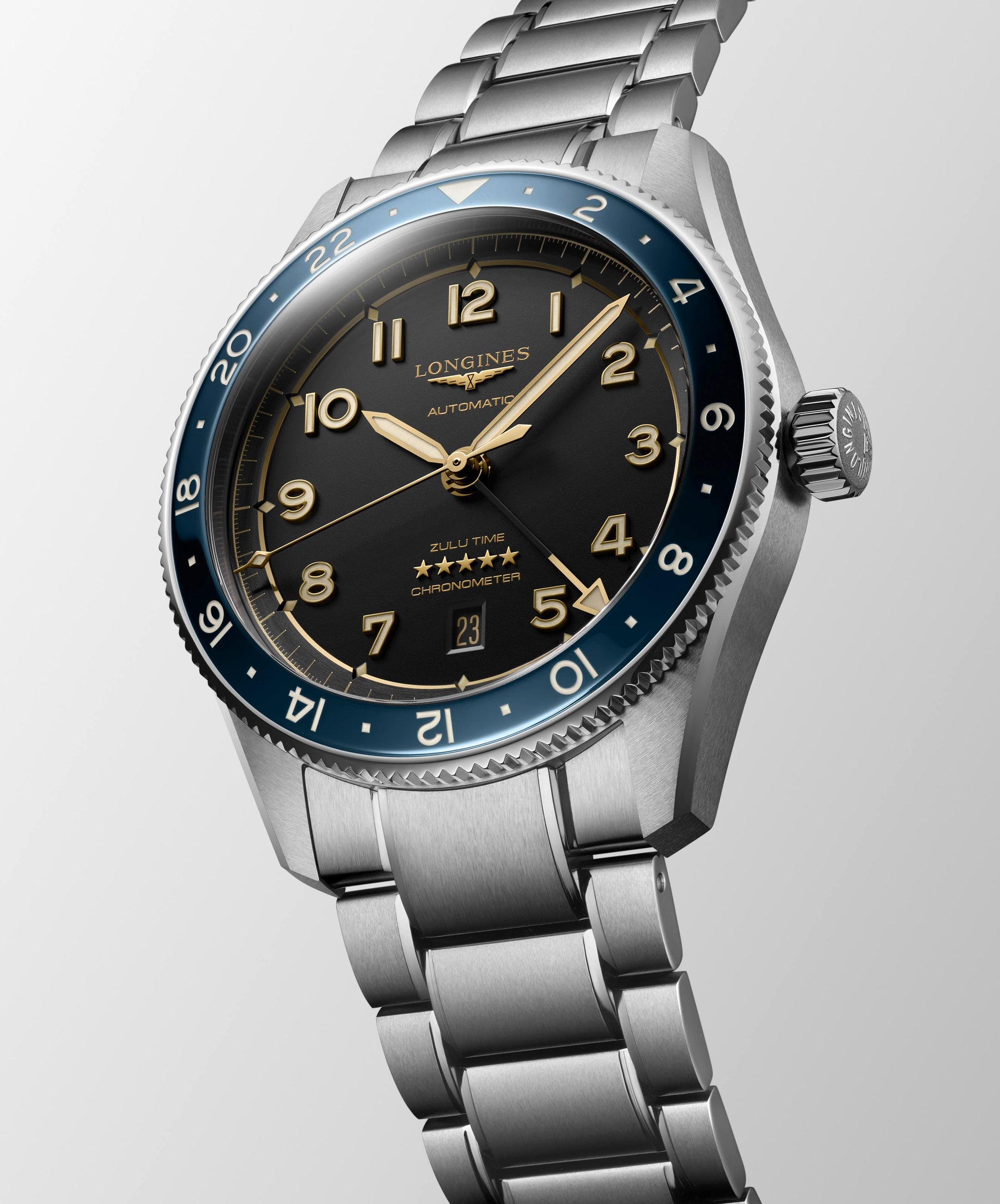 Gents Longines Spirit Zulu Time 42 Auto Steel Black Dial Blue Bezel