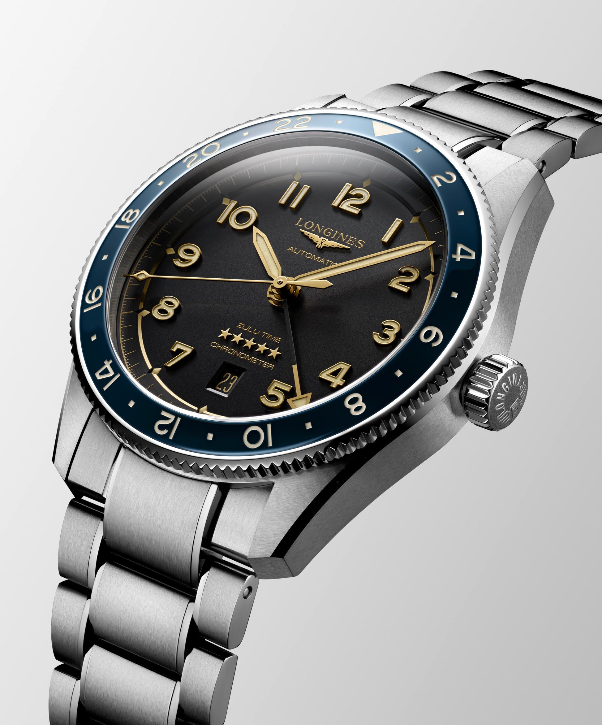 Gents Longines Spirit Zulu Time 42 Auto Steel Black Dial Blue Bezel
