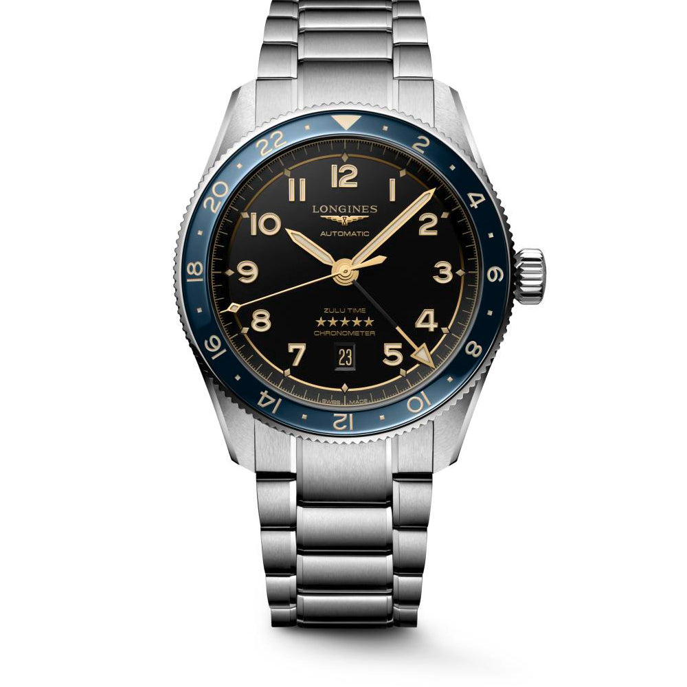 Gents Longines Spirit Zulu Time 42 Auto Steel Black Dial Blue Bezel