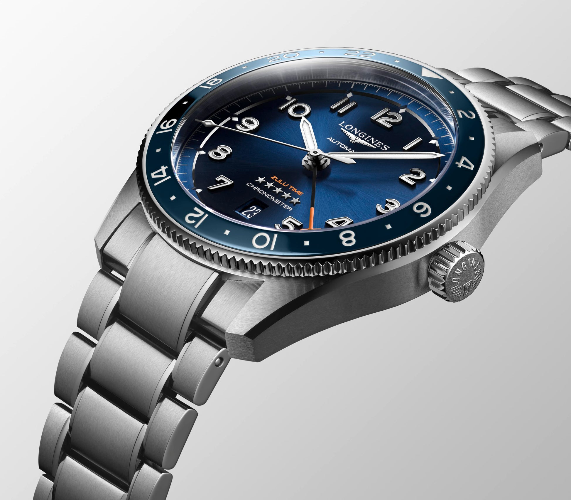 Gents Longines Spirit Automatic 42mm Steel Bracelet Blue Bezel and Blue Sunray Arabic Numeral Dial Date