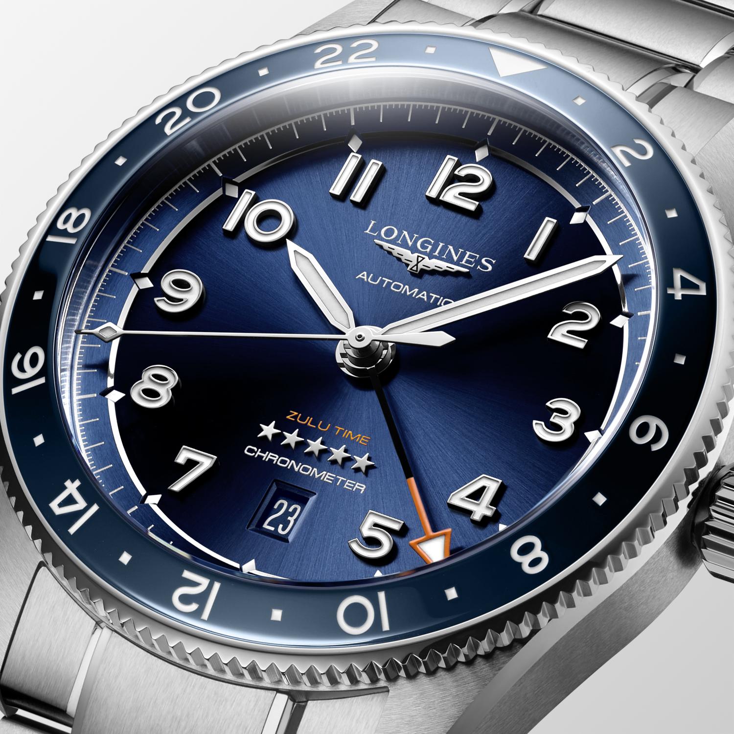 Gents Longines Spirit Automatic 42mm Steel Bracelet Blue Bezel and Blue Sunray Arabic Numeral Dial Date