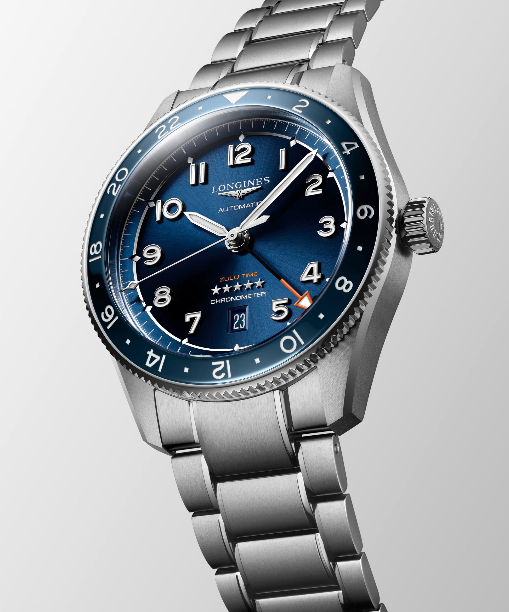 Gents Longines Spirit Automatic 42mm Steel Bracelet Blue Bezel and Blue Sunray Arabic Numeral Dial Date