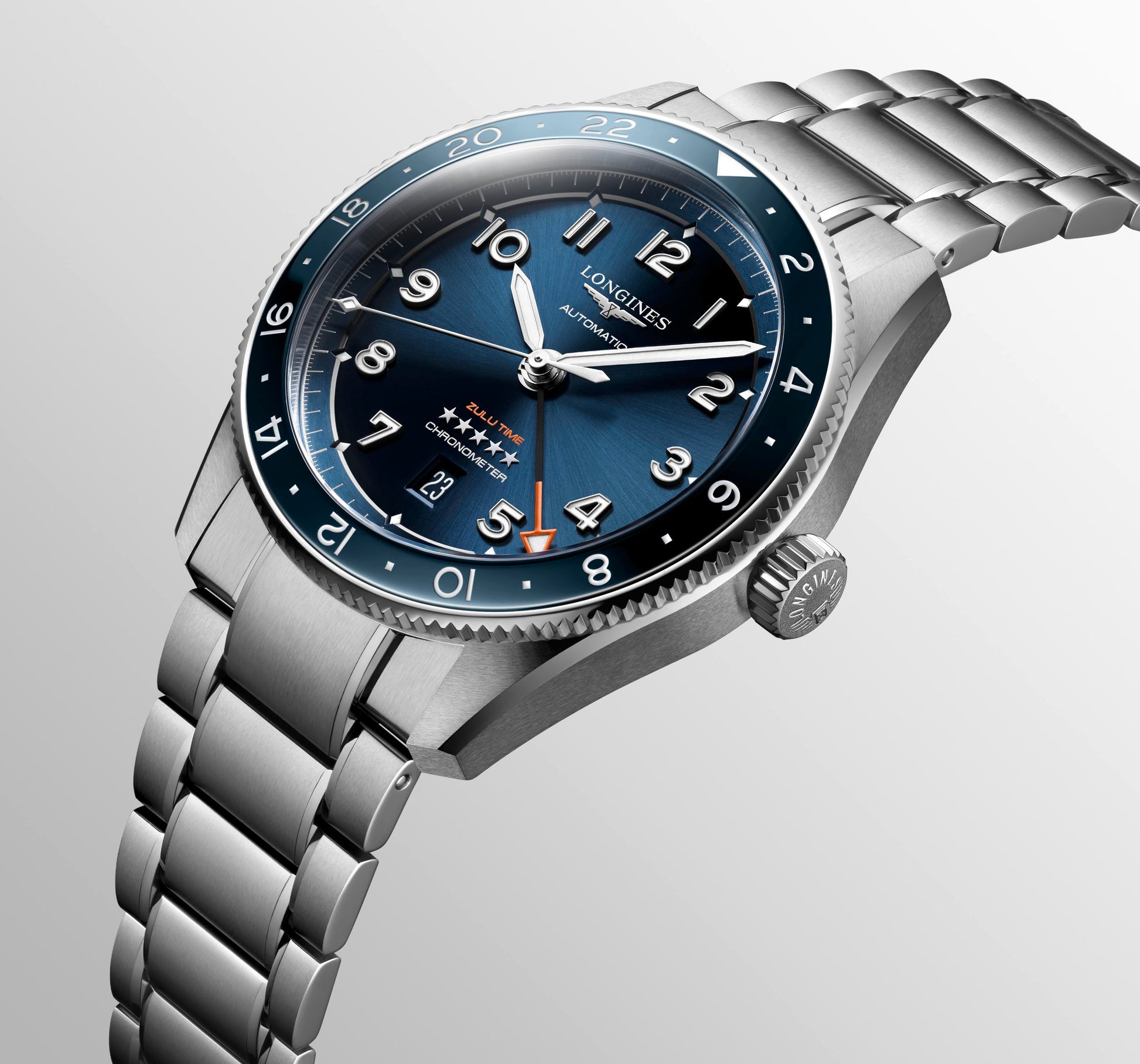 Gents Longines Spirit Automatic 42mm Steel Bracelet Blue Bezel and Blue Sunray Arabic Numeral Dial Date