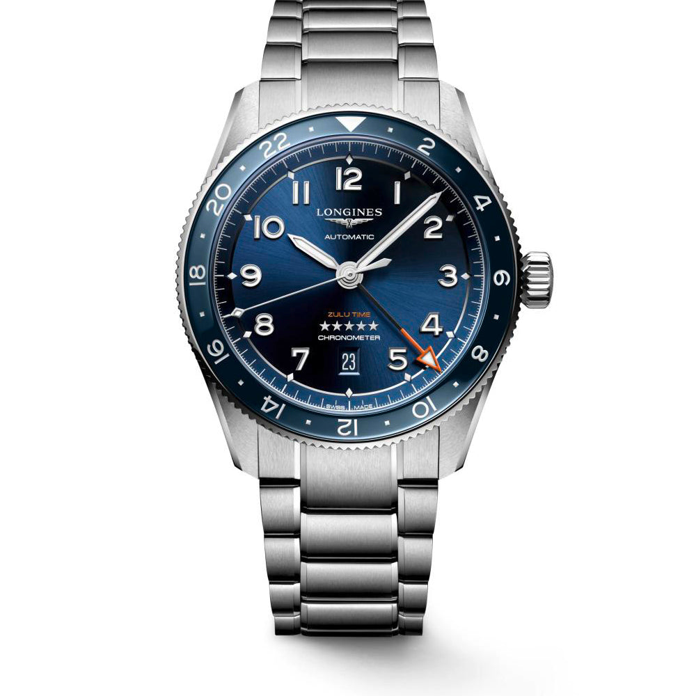 Gents Longines Spirit Automatic 42mm Steel Bracelet Blue Bezel and Blue Sunray Arabic Numeral Dial Date