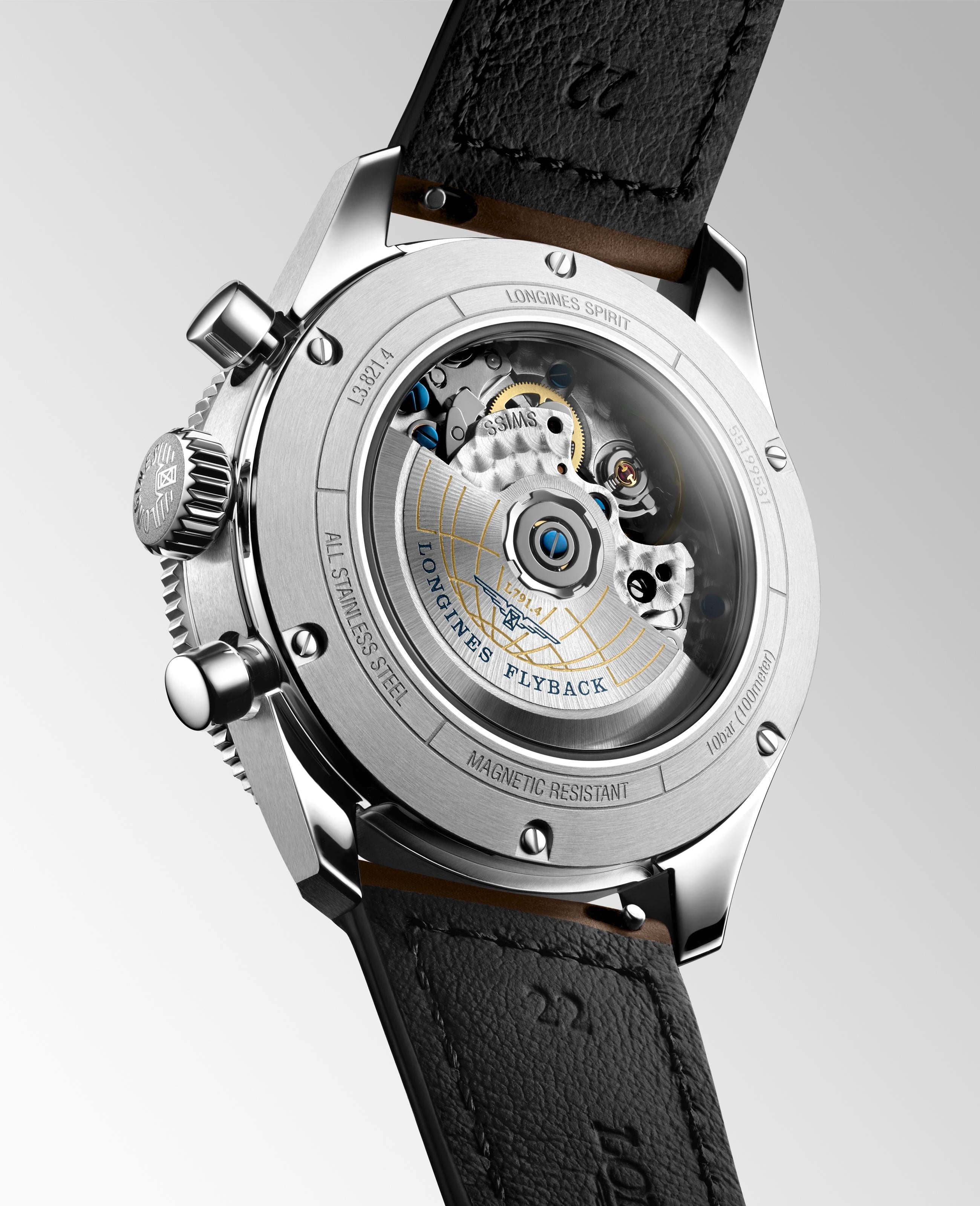 Gents Longines Spirit Flyback Automatic 42mm Steel Case Black Dial Brown Strap