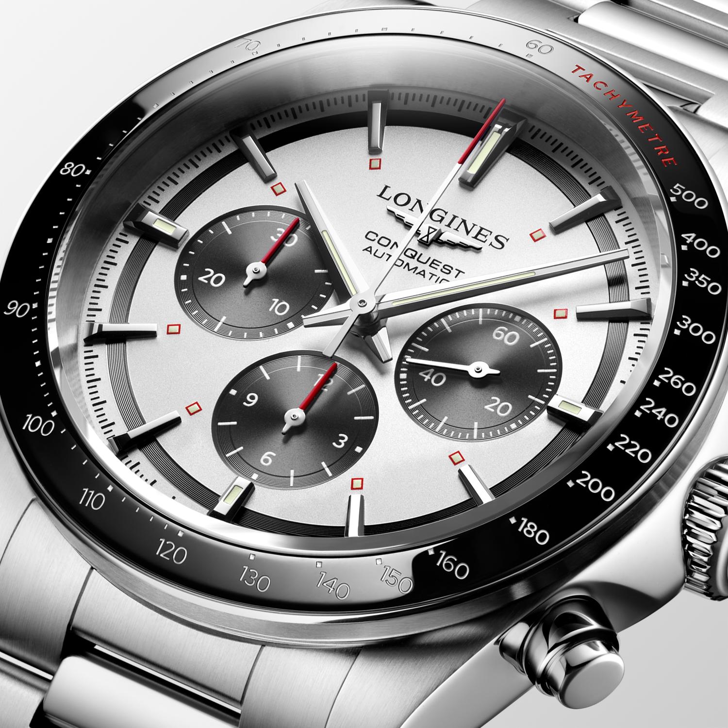 Gents Longines Conquest Automatic Chronograph 42mm Steel Bracelet Silver Dial