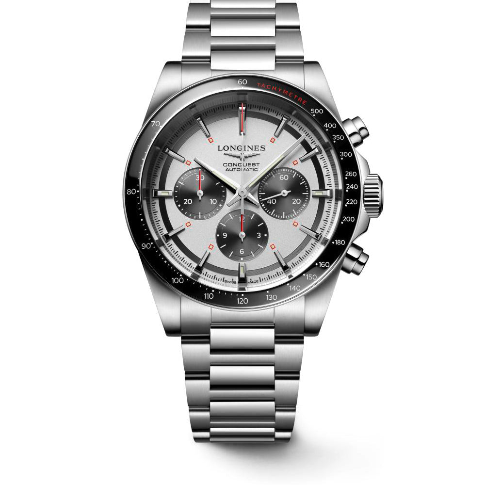 Gents Longines Conquest Automatic Chronograph 42mm Steel Bracelet Silver Dial