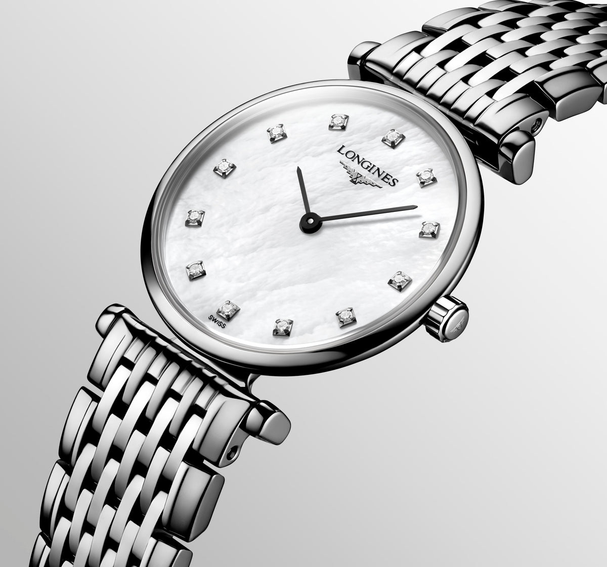 Ladies Longines La Grande Classique Steel Bracelet White Mother of Pearl Diamond Dot Dial