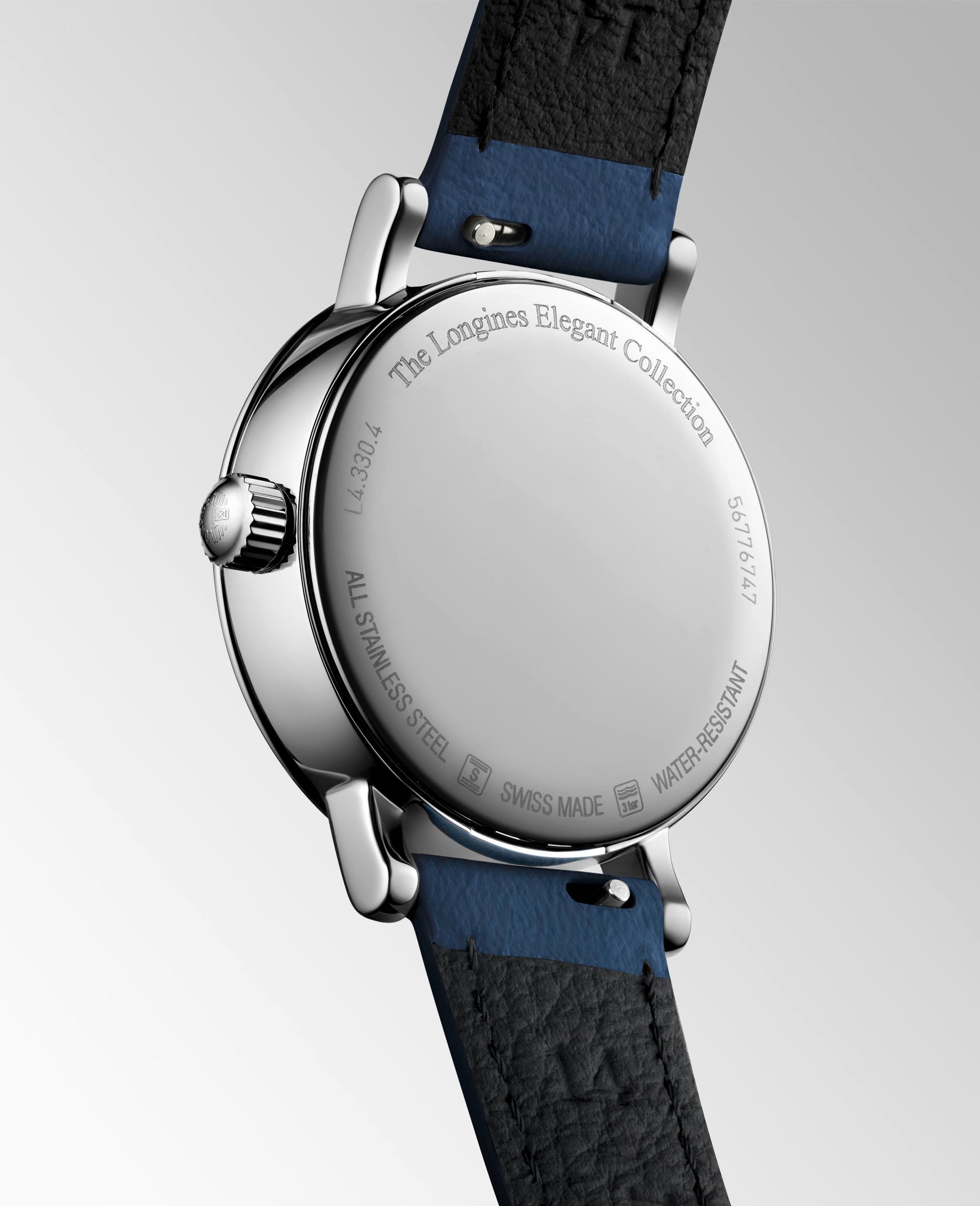 Ladies Longines 30mm Elegant Moon Phase Silver Dial Steel Blue Strap