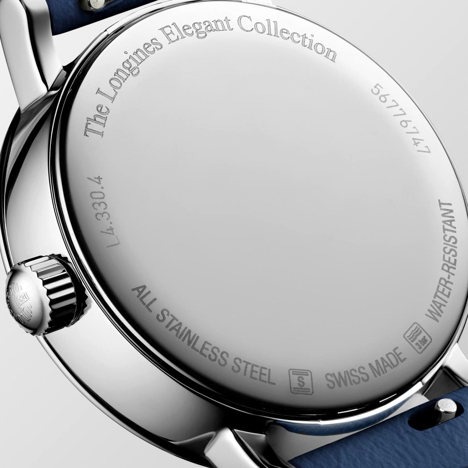 Ladies Longines 30mm Elegant Moon Phase Silver Dial Steel Blue Strap