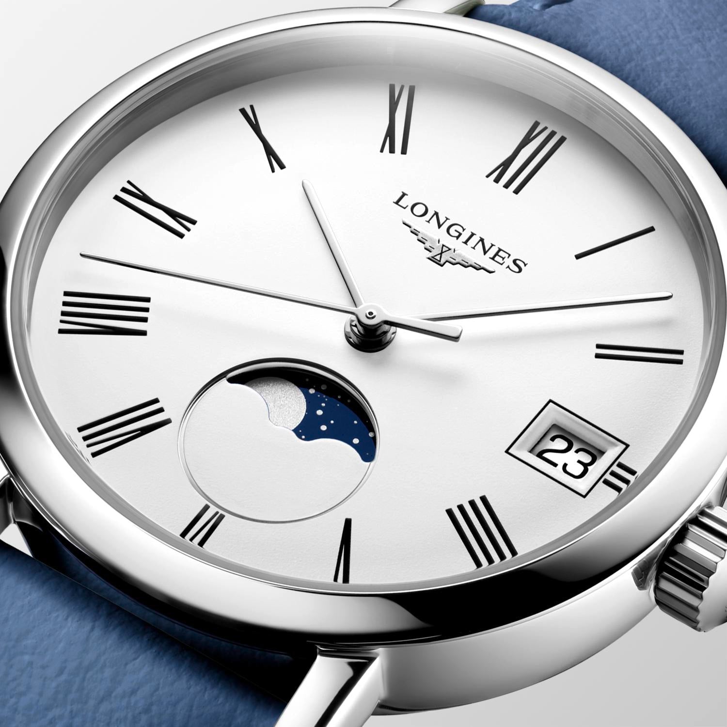 Ladies Longines 30mm Elegant Moon Phase Silver Dial Steel Blue Strap