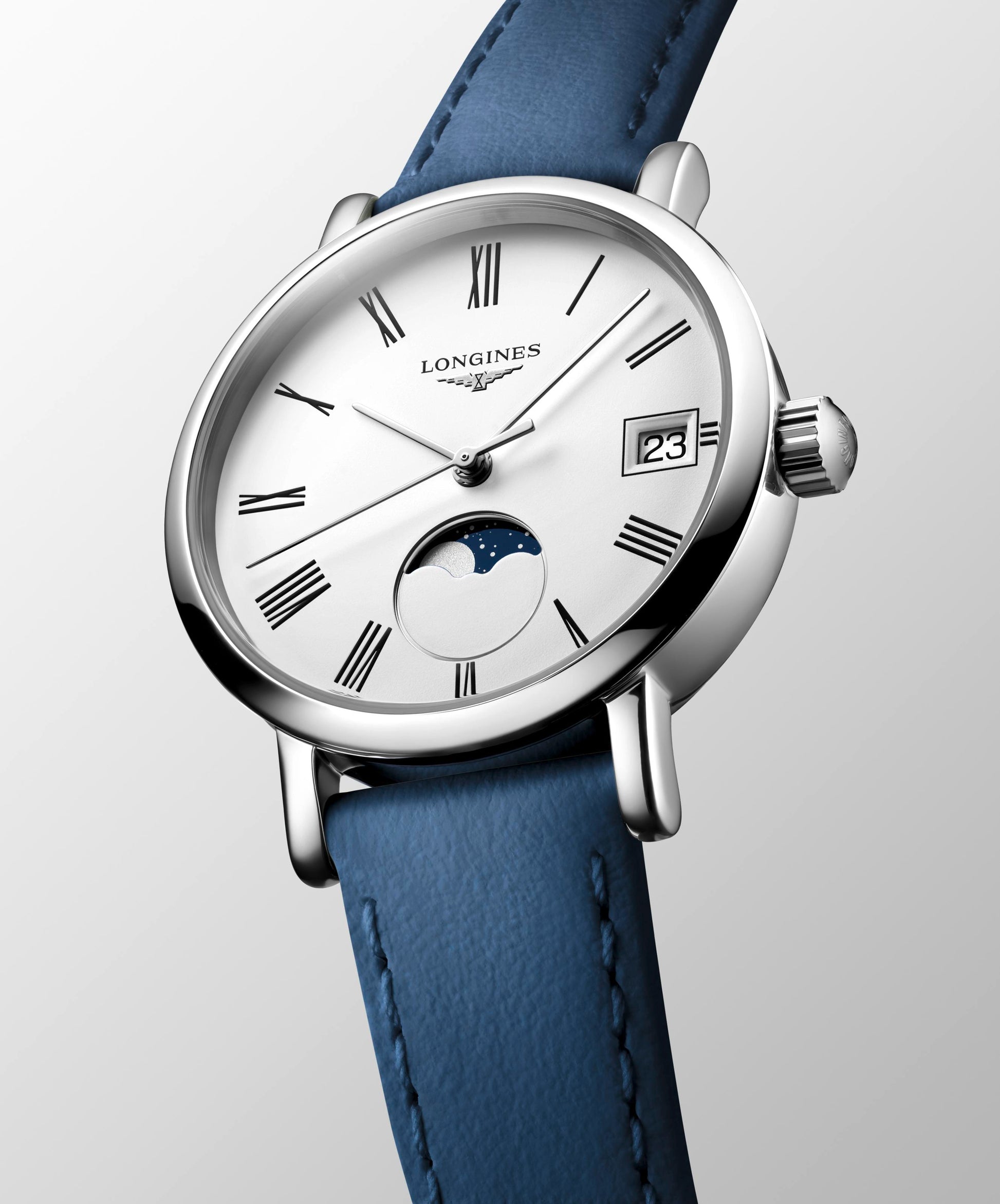 Ladies Longines 30mm Elegant Moon Phase Silver Dial Steel Blue Strap