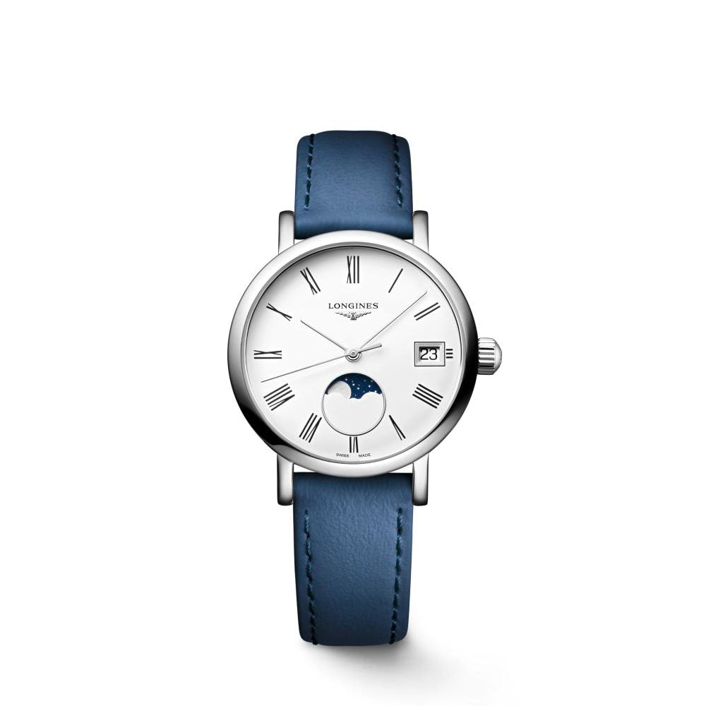 Ladies Longines 30mm Elegant Moon Phase Silver Dial Steel Blue Strap