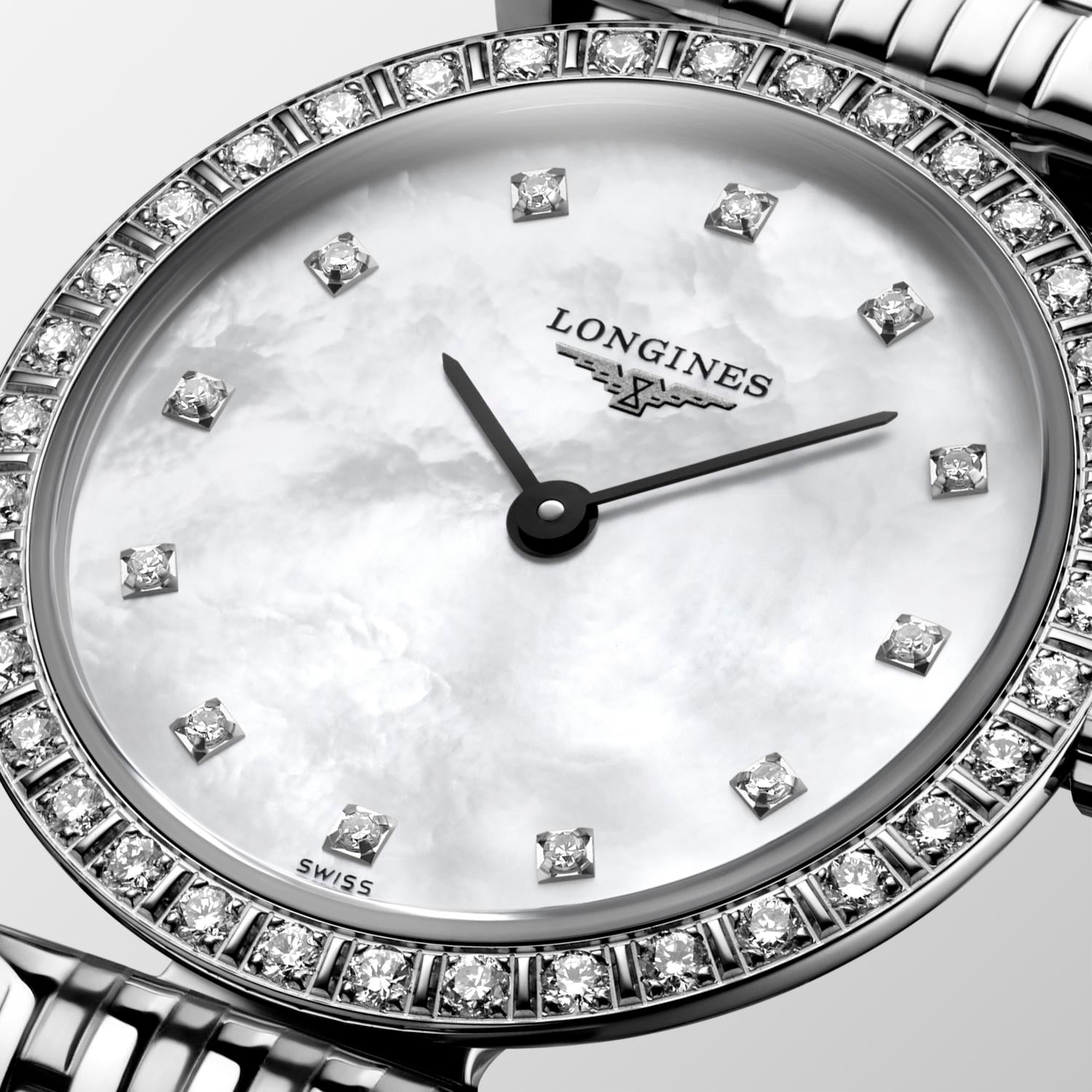 Ladies Longines La Grande Classique 24mm Steel Bracelet Diamond Set Bezel White Mother of Pearl Diamond Dial