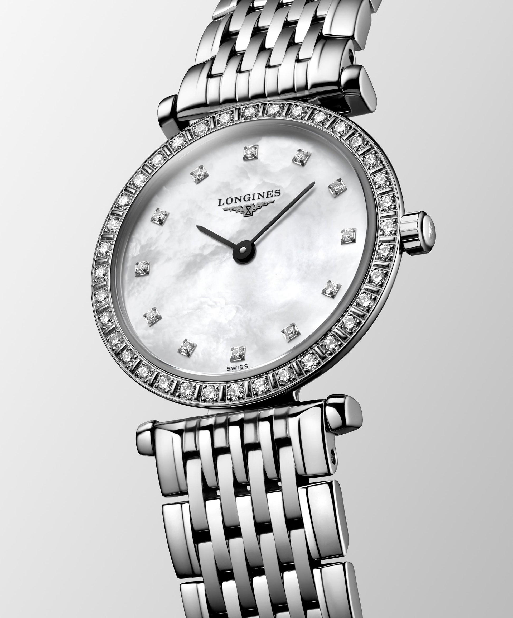 Ladies Longines La Grande Classique 24mm Steel Bracelet Diamond Set Bezel White Mother of Pearl Diamond Dial