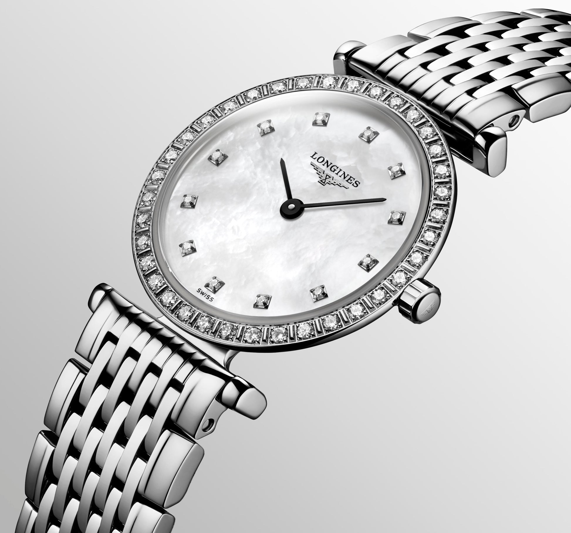 Ladies Longines La Grande Classique 24mm Steel Bracelet Diamond Set Bezel White Mother of Pearl Diamond Dial