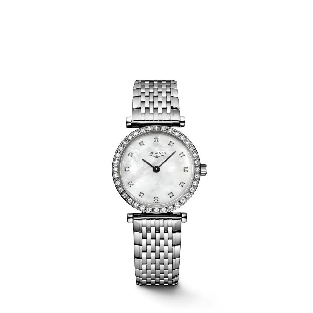 Ladies Longines La Grande Classique 24mm Steel Bracelet Diamond Set Bezel White Mother of Pearl Diamond Dial
