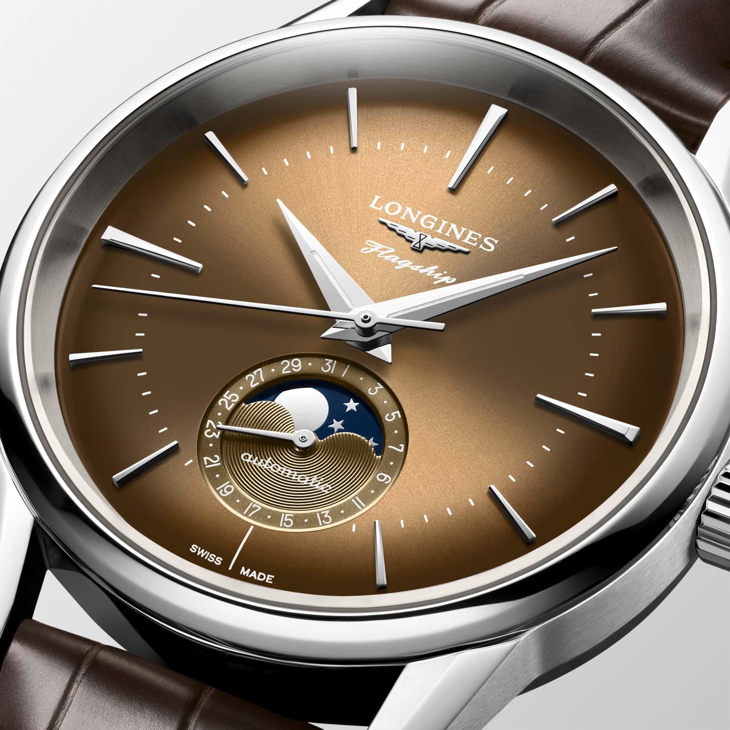 Gents Logines Flagship Heritage Moonphase 38.5mm Steel Brown Strap