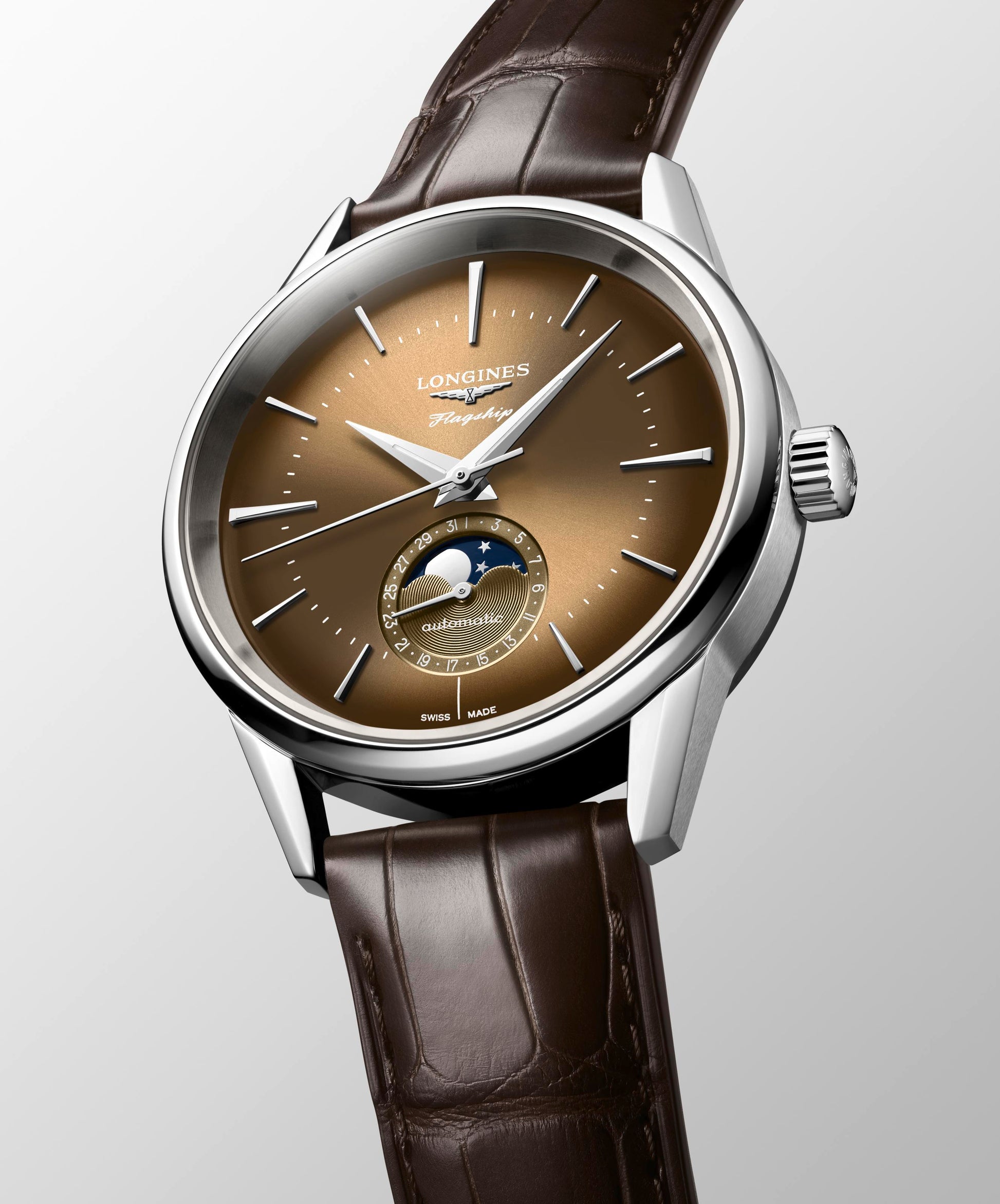 Gents Logines Flagship Heritage Moonphase 38.5mm Steel Brown Strap
