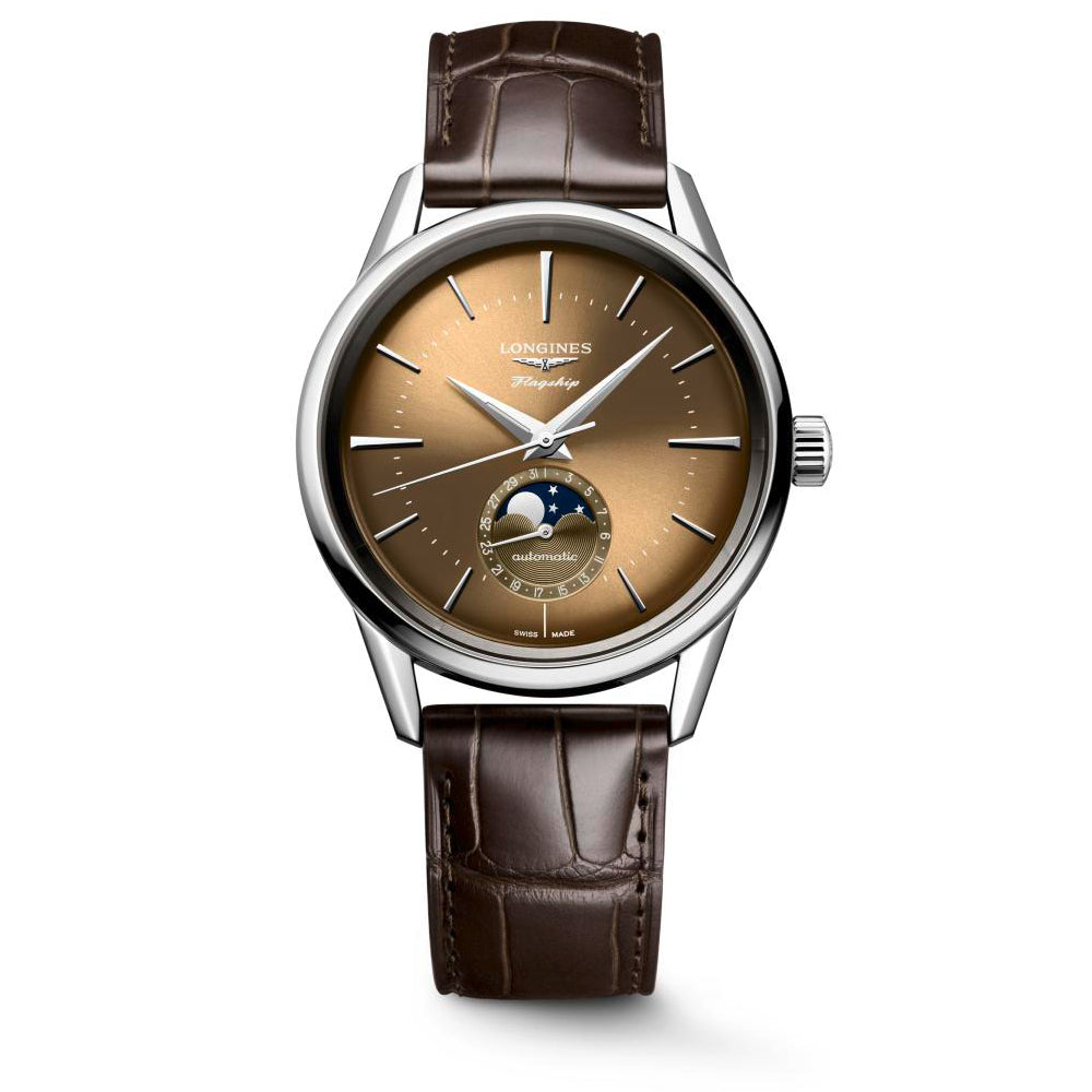 Gents Logines Flagship Heritage Moonphase 38.5mm Steel Brown Strap