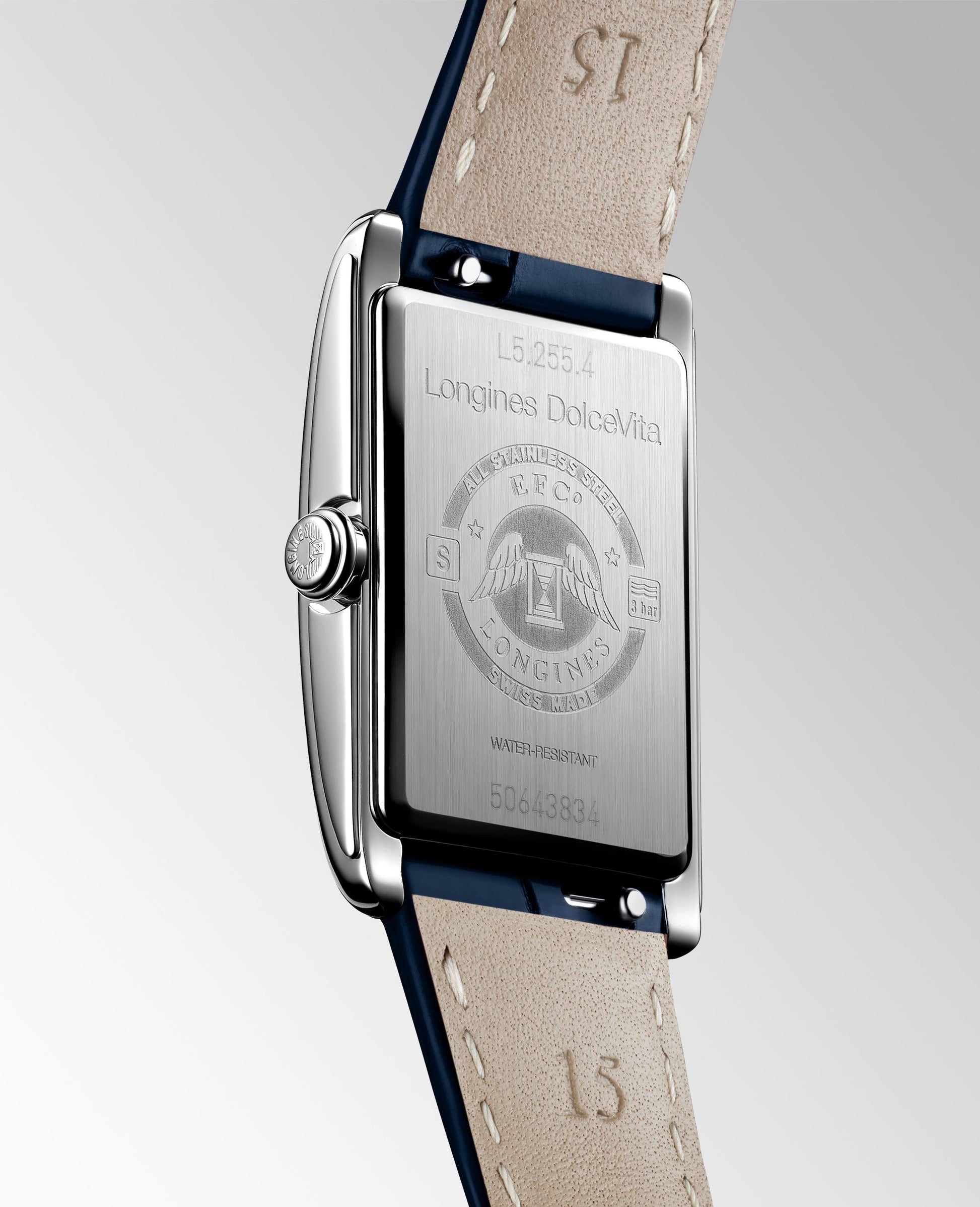 Ladies Longines Dolcevita Quartz 20.8mm x 32mm  Silver Roman Numeral Dial Steel Case Navy Alligator Strap L5.255.4.70.2