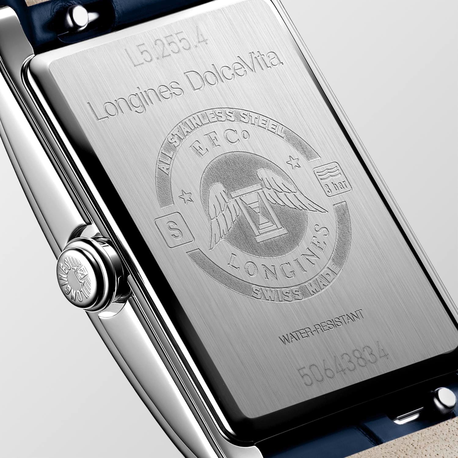 Ladies Longines Dolcevita Quartz 20.8mm x 32mm  Silver Roman Numeral Dial Steel Case Navy Alligator Strap L5.255.4.70.2