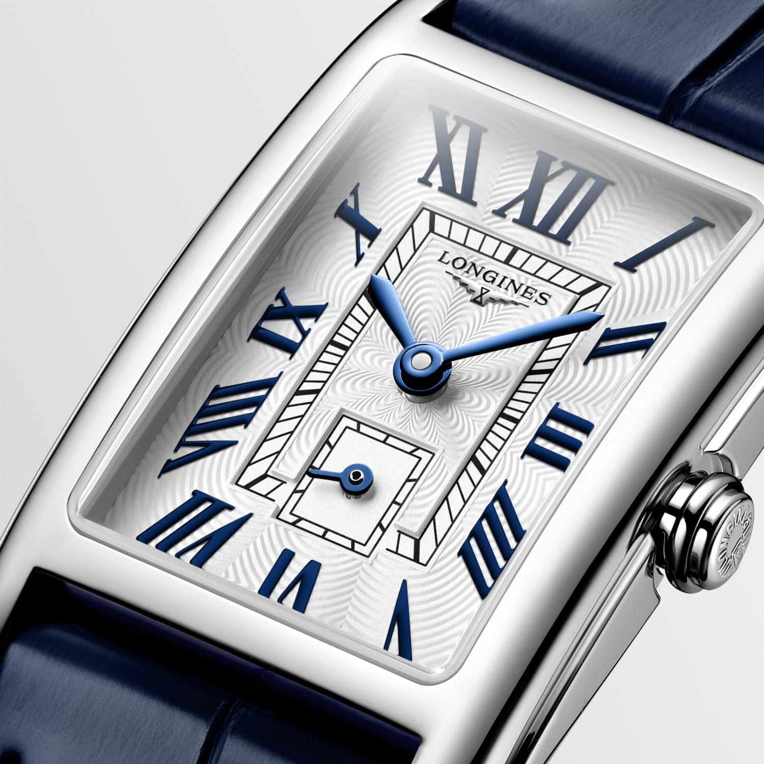 Ladies Longines Dolcevita Quartz 20.8mm x 32mm  Silver Roman Numeral Dial Steel Case Navy Alligator Strap L5.255.4.70.2