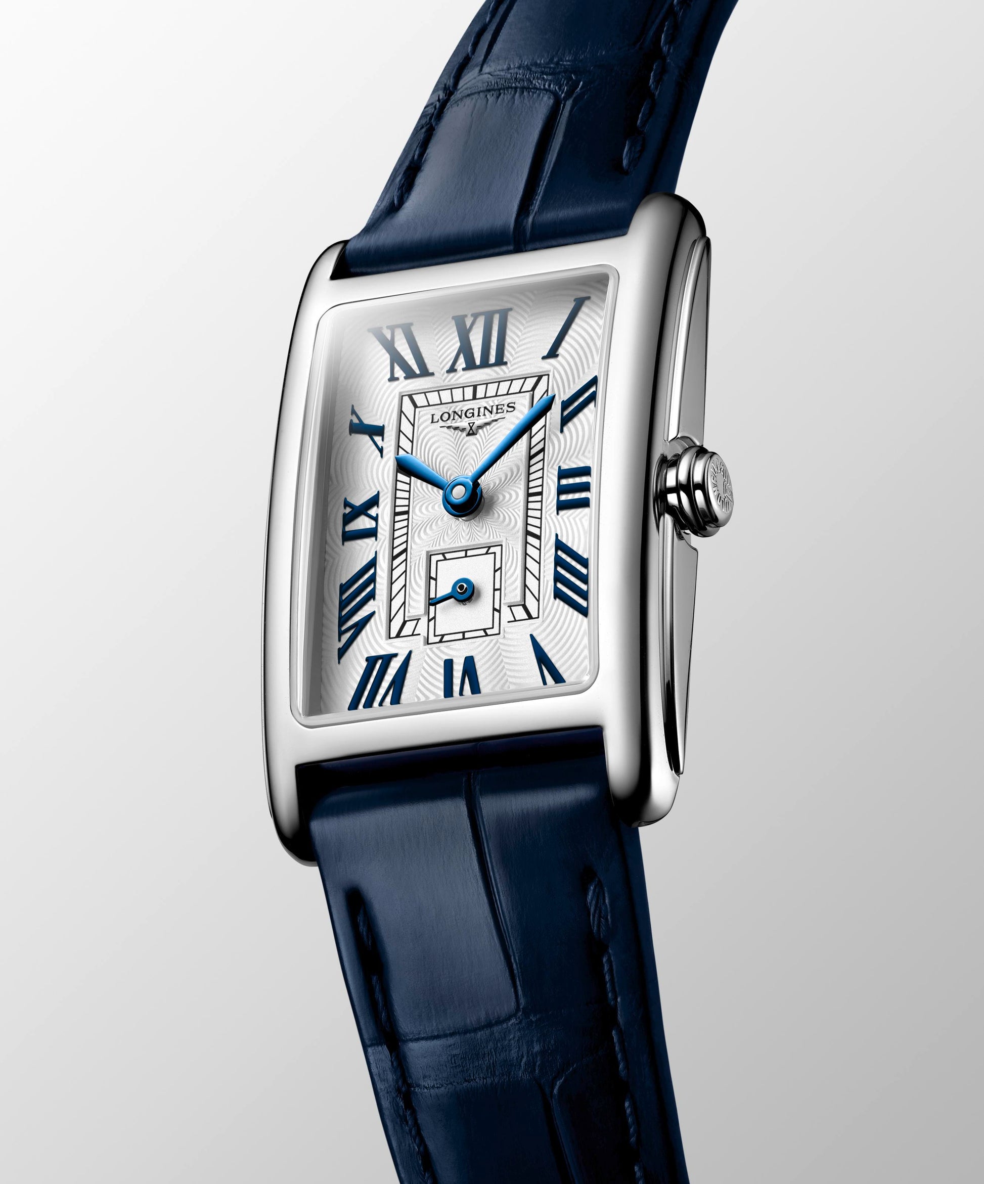 Ladies Longines Dolcevita Quartz 20.8mm x 32mm  Silver Roman Numeral Dial Steel Case Navy Alligator Strap L5.255.4.70.2
