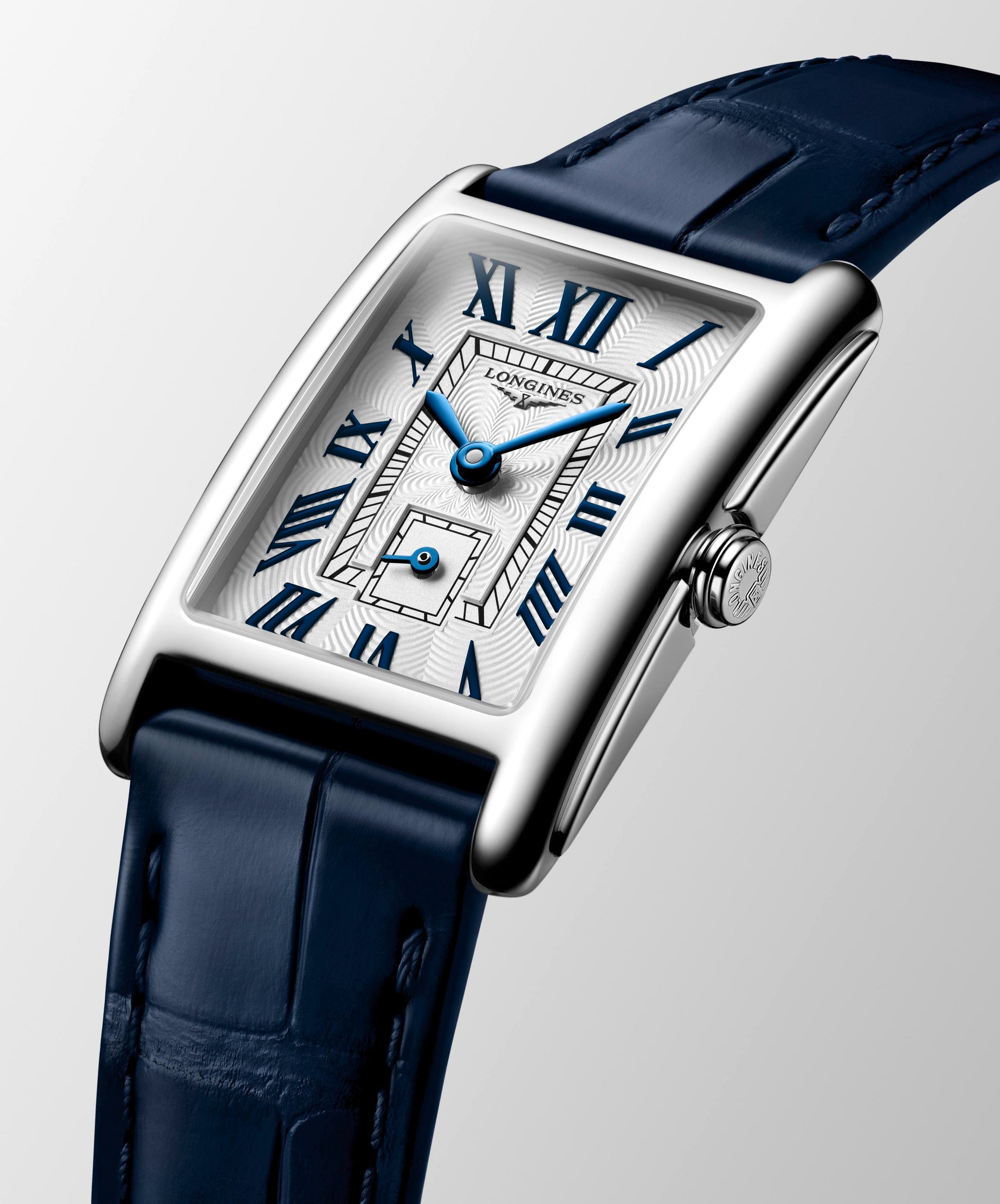 Ladies Longines Dolcevita Quartz 20.8mm x 32mm  Silver Roman Numeral Dial Steel Case Navy Alligator Strap L5.255.4.70.2