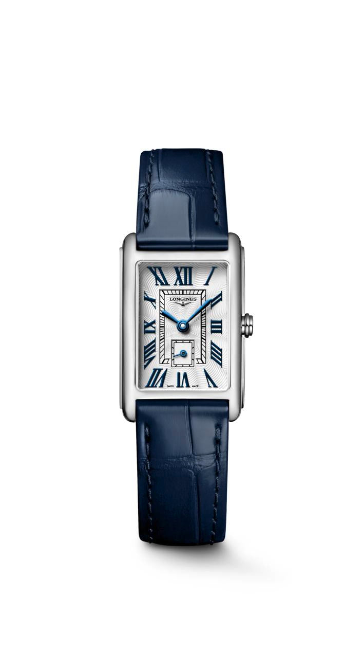 Ladies Longines Dolcevita Quartz 20.8mm x 32mm  Silver Roman Numeral Dial Steel Case Navy Alligator Strap L5.255.4.70.2