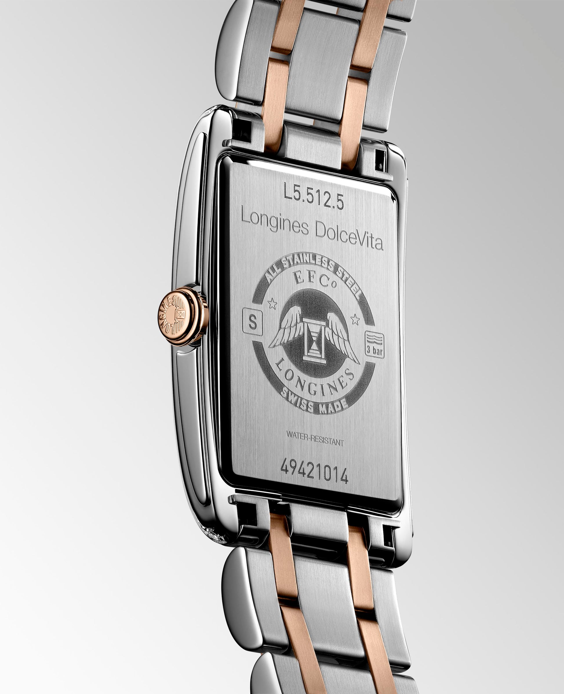 Ladies Longines Dolce Vita 23.3mm x 37mm Stl/RG PVD Bracelet Diamond Case Silver Dial